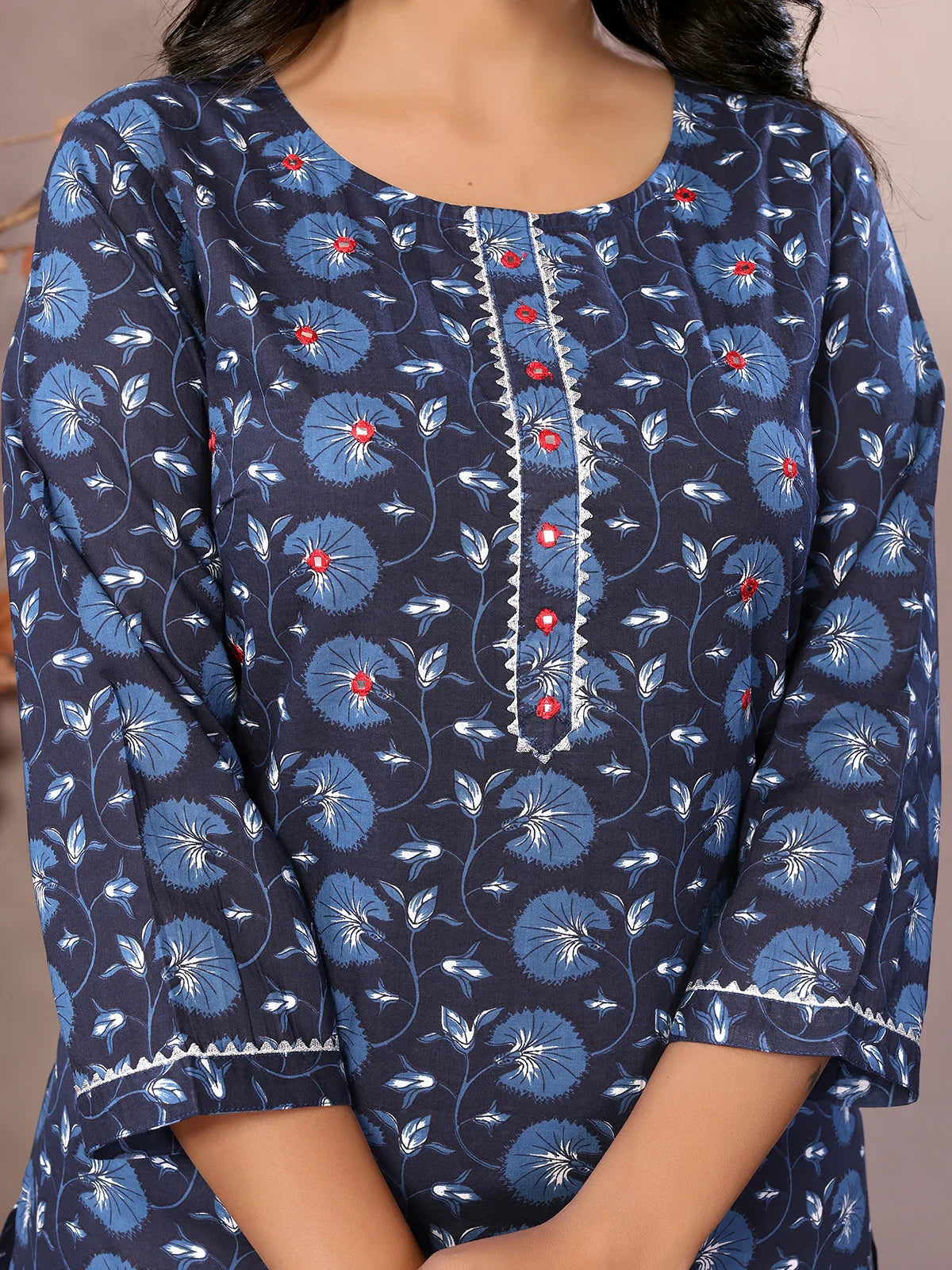 Buy Cotton Embroidered Knee Length Straight Kurta-Blue