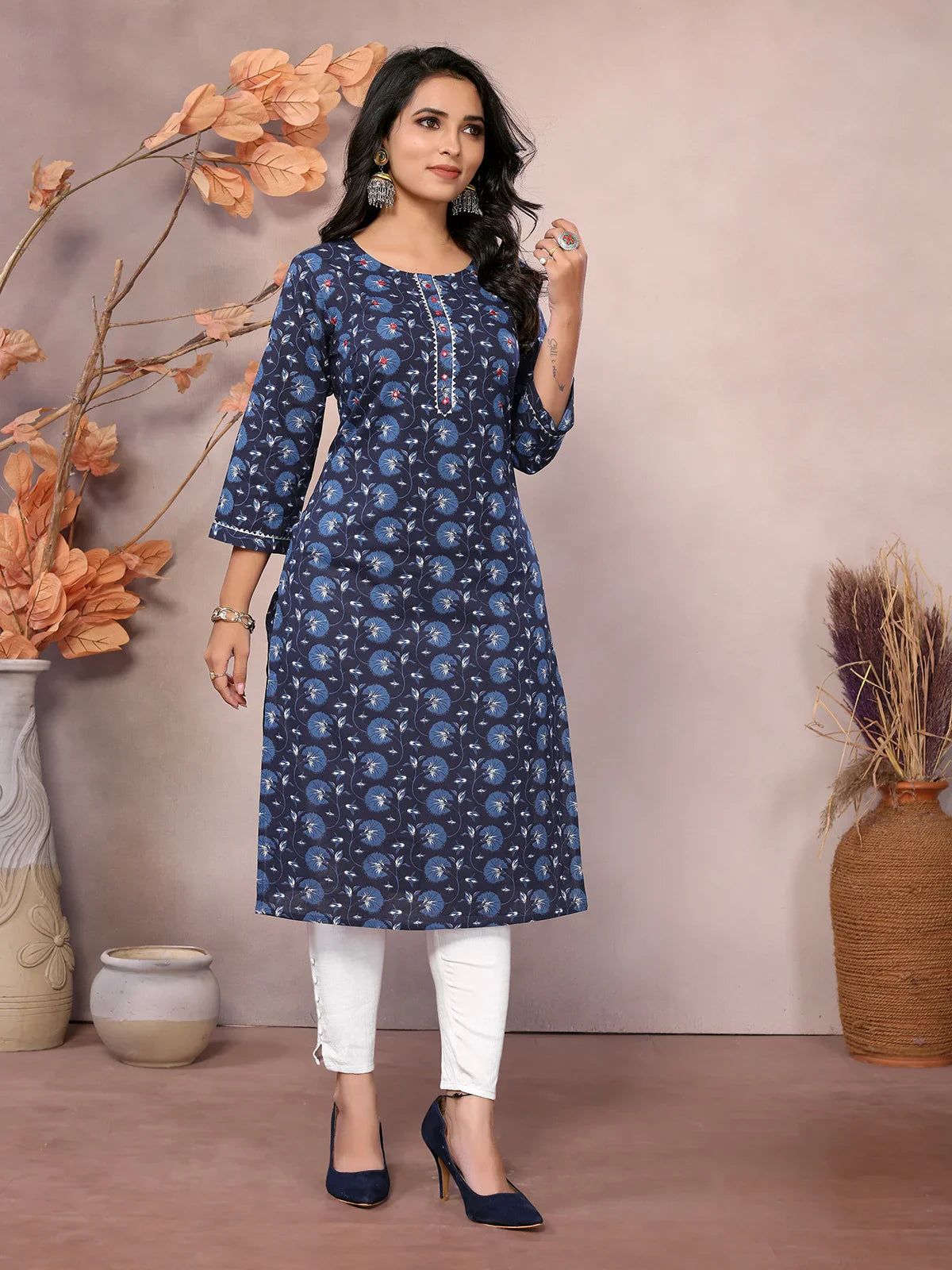 Buy Cotton Embroidered Knee Length Straight Kurta-Blue