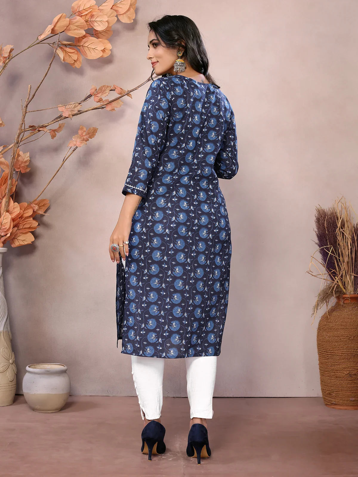 Buy Cotton Embroidered Knee Length Straight Kurta-Blue