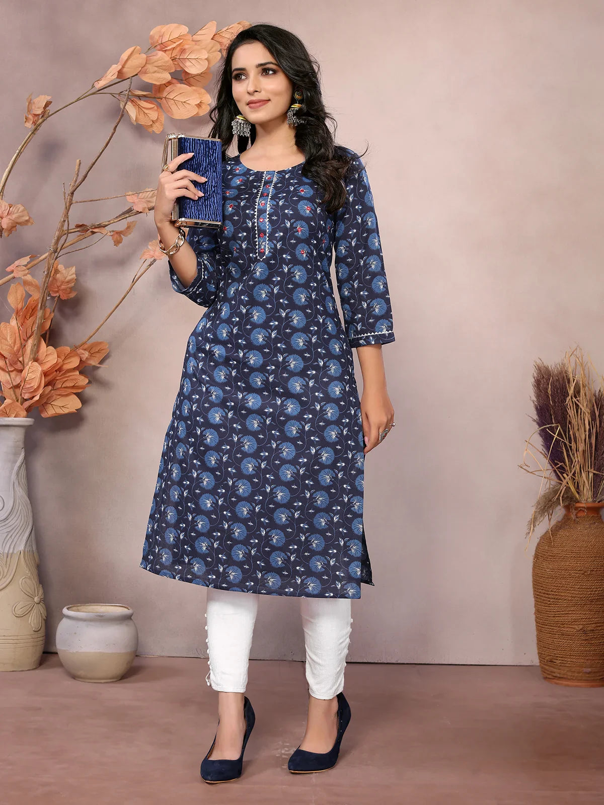 Buy Cotton Embroidered Knee Length Straight Kurta-Blue