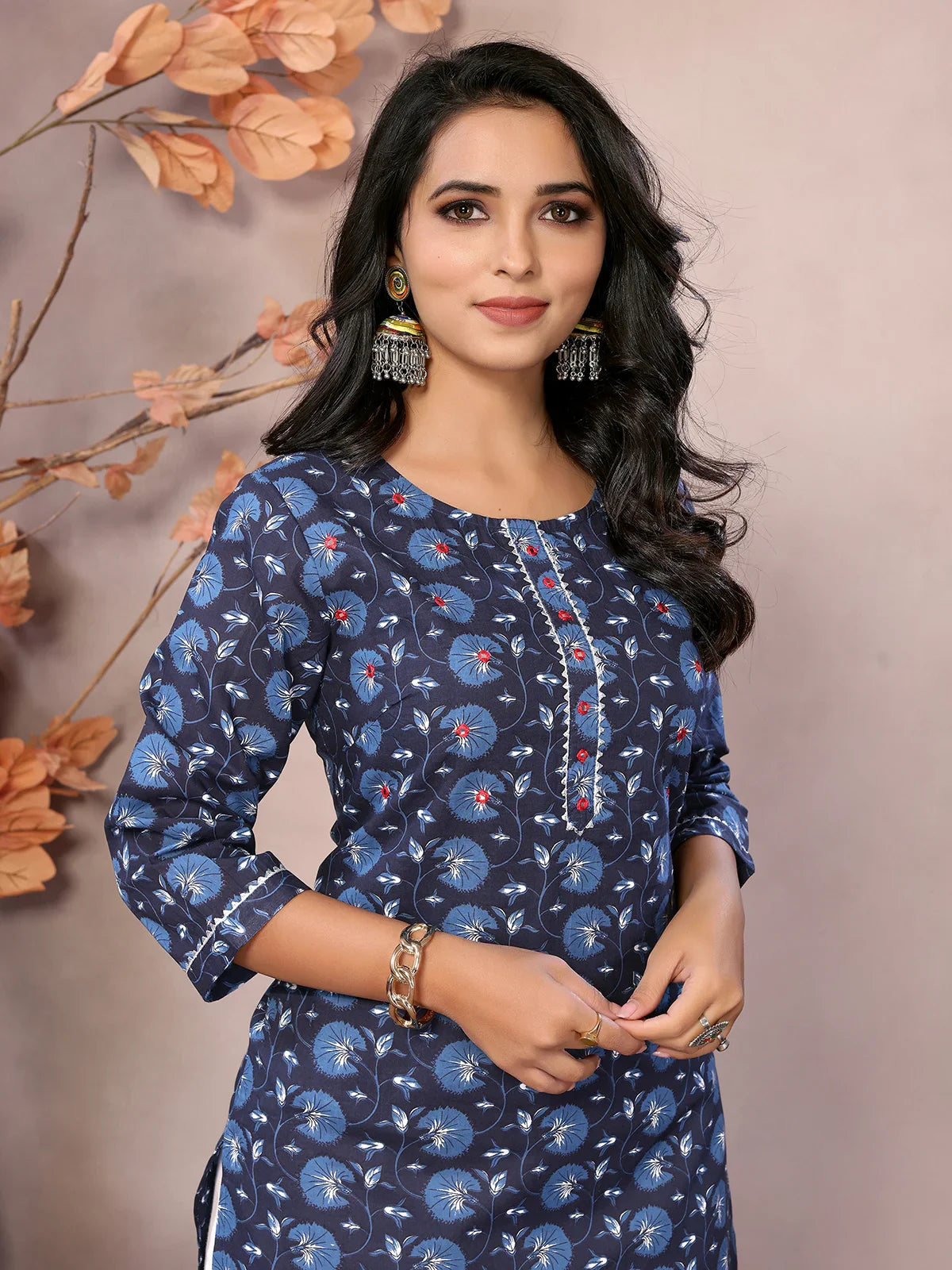 Buy Cotton Embroidered Knee Length Straight Kurta-Blue