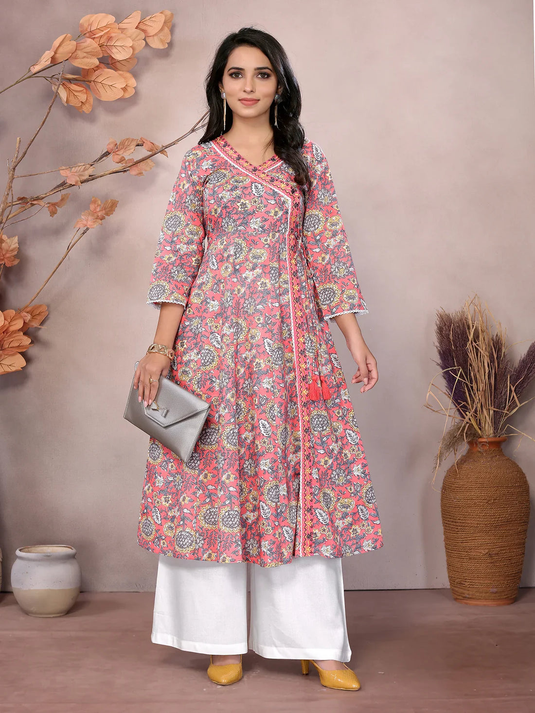 Buy Cotton Printed Calf Length Angarakha Kurta-Coral