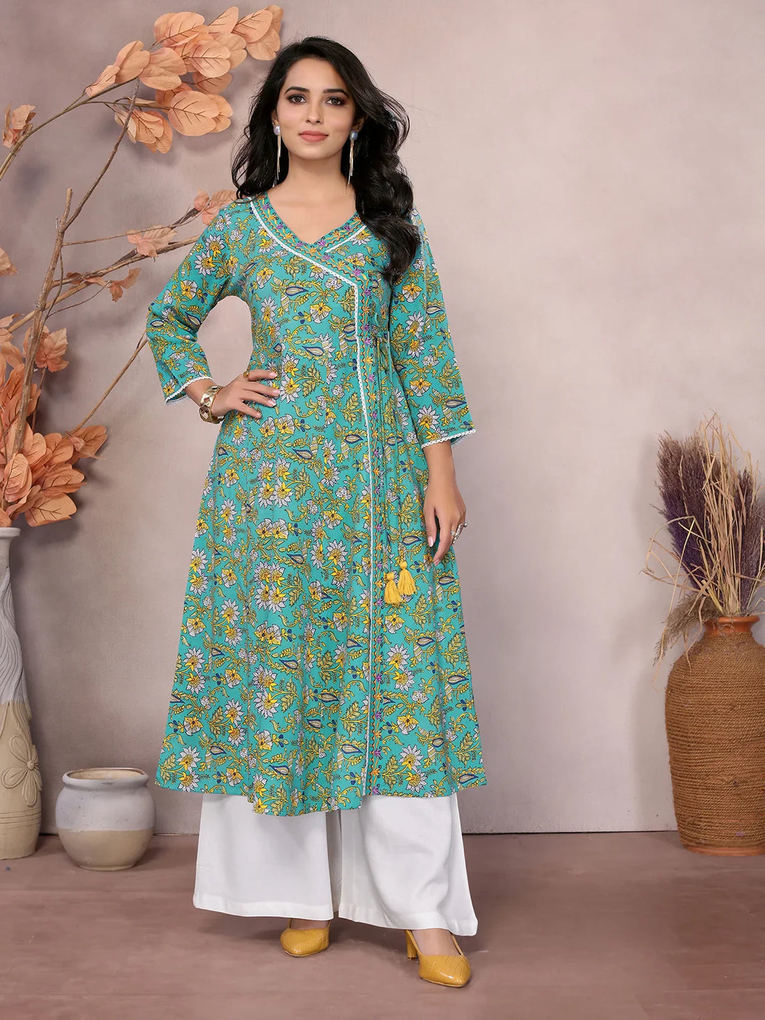 Buy Rayon Printed Calf Length Angarakha Kurta-Green