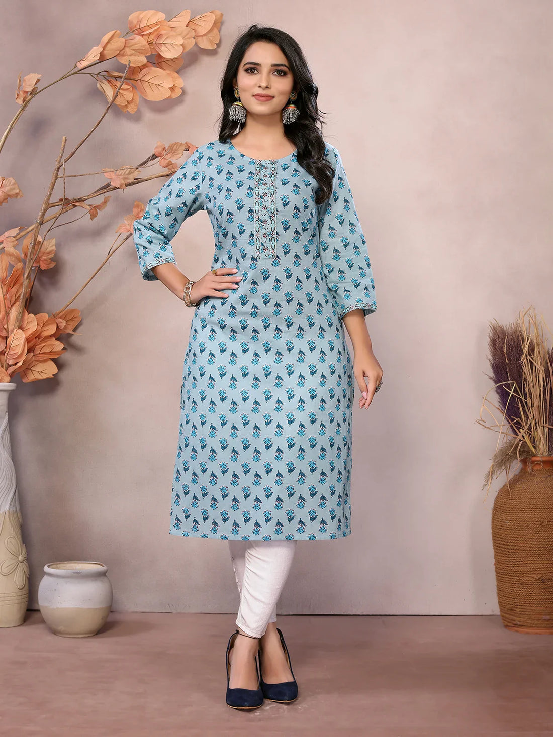 Buy Cotton Embroidered Calf Length Straight Kurta-Blue