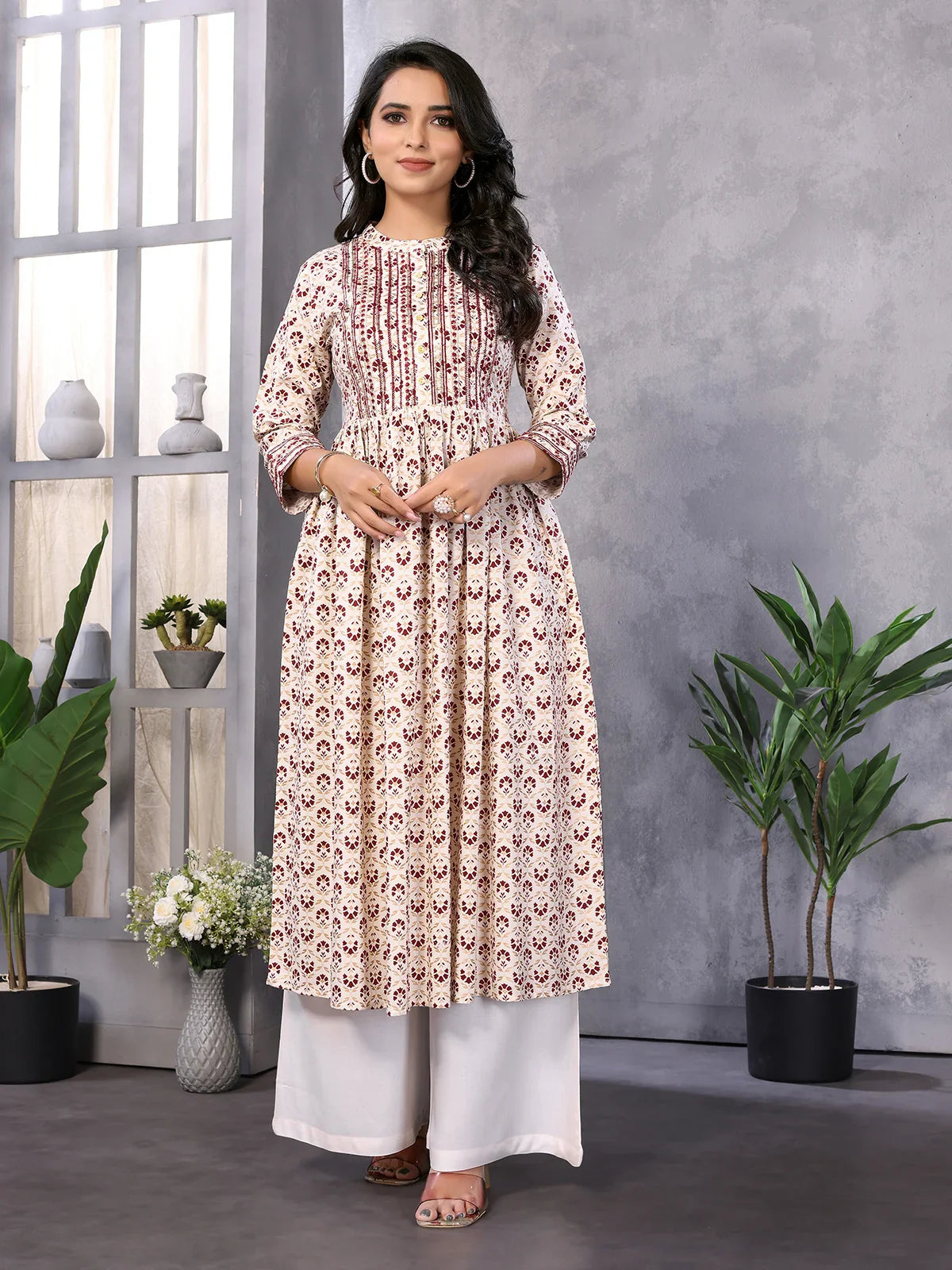 Buy Rayon Embroidered Calf Length Flared Kurta-Off White