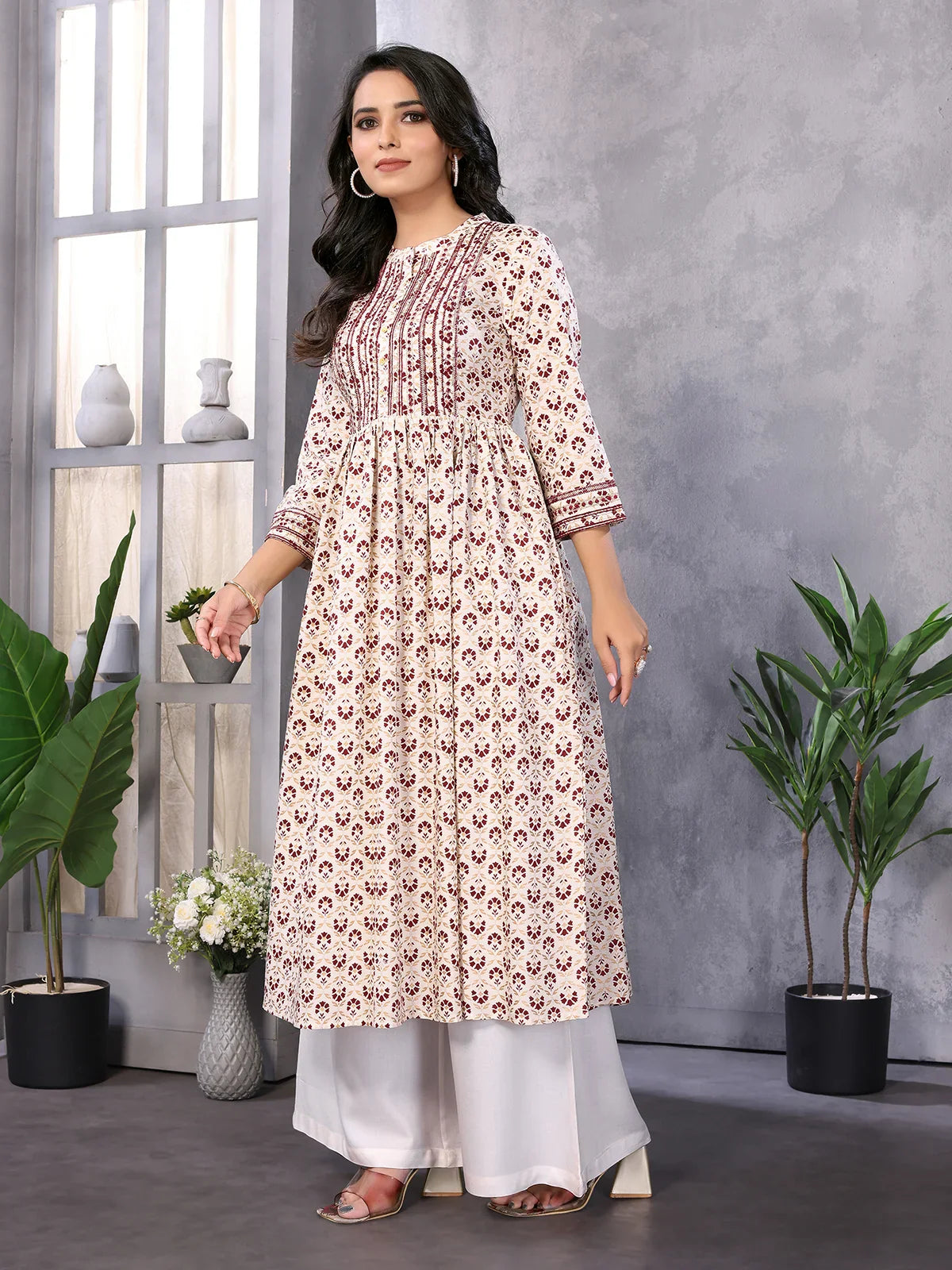 Buy Rayon Embroidered Calf Length Flared Kurta-Off White