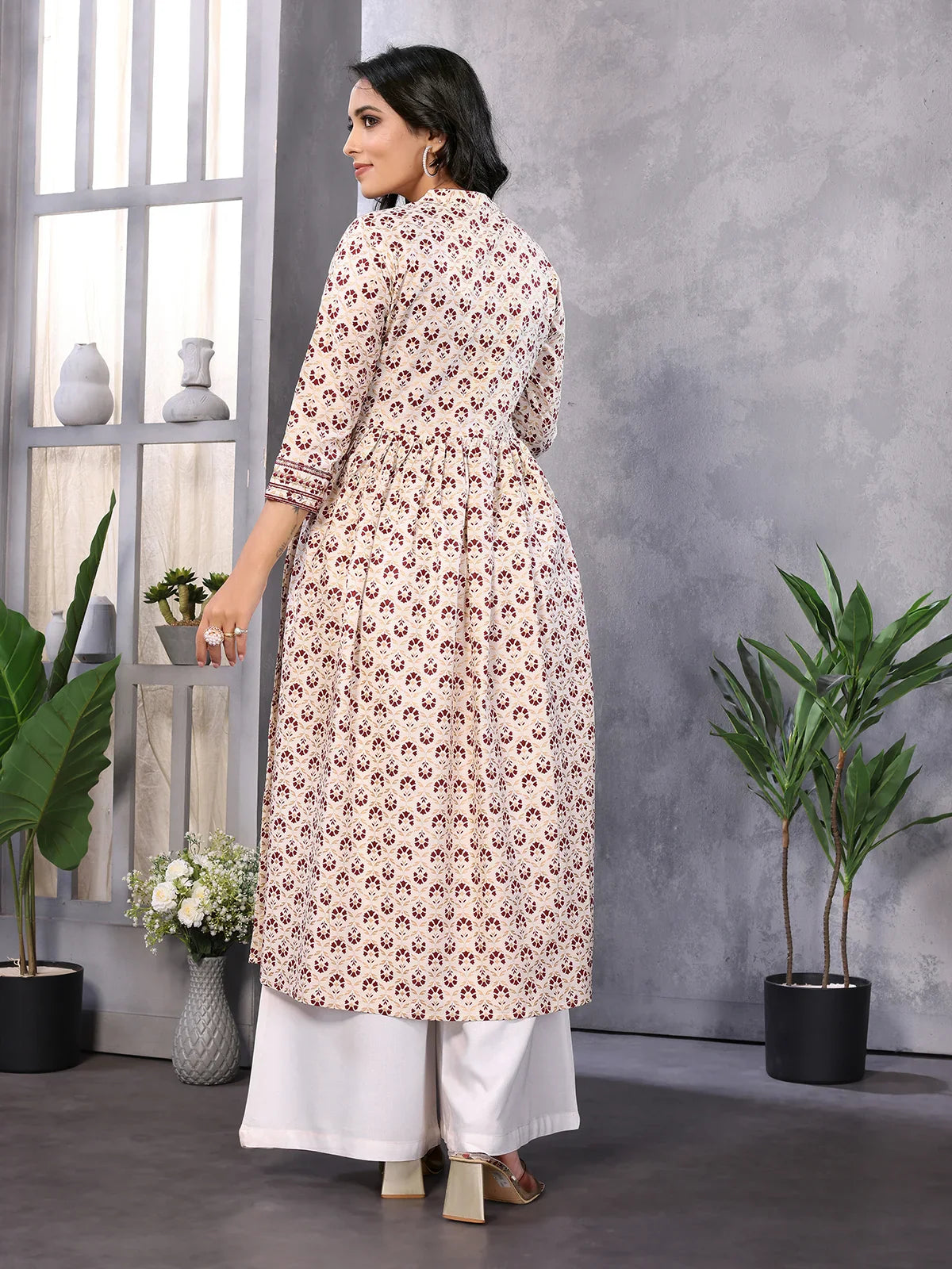 Buy Rayon Embroidered Calf Length Flared Kurta-Off White