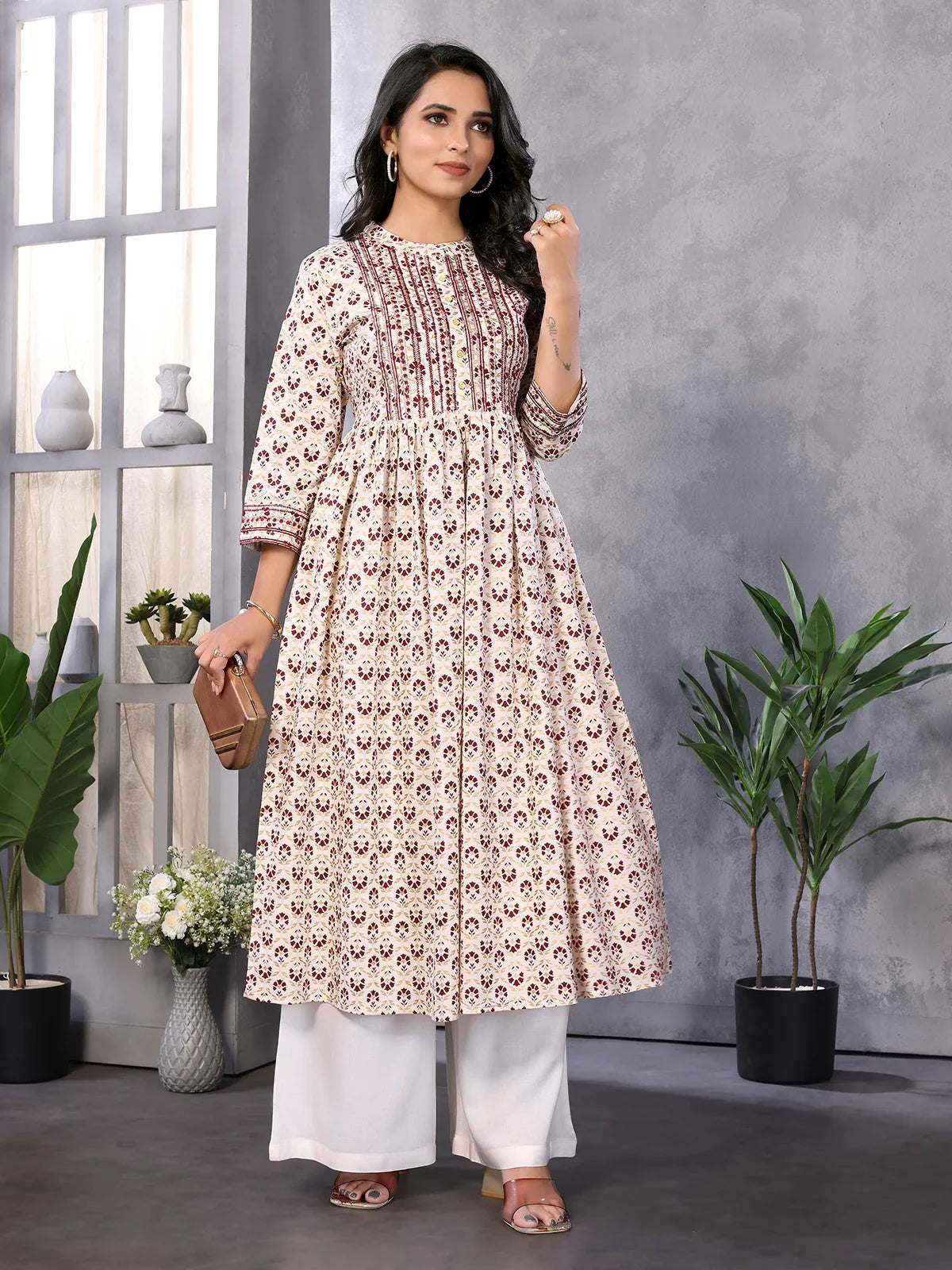 Buy Rayon Embroidered Calf Length Flared Kurta-Off White