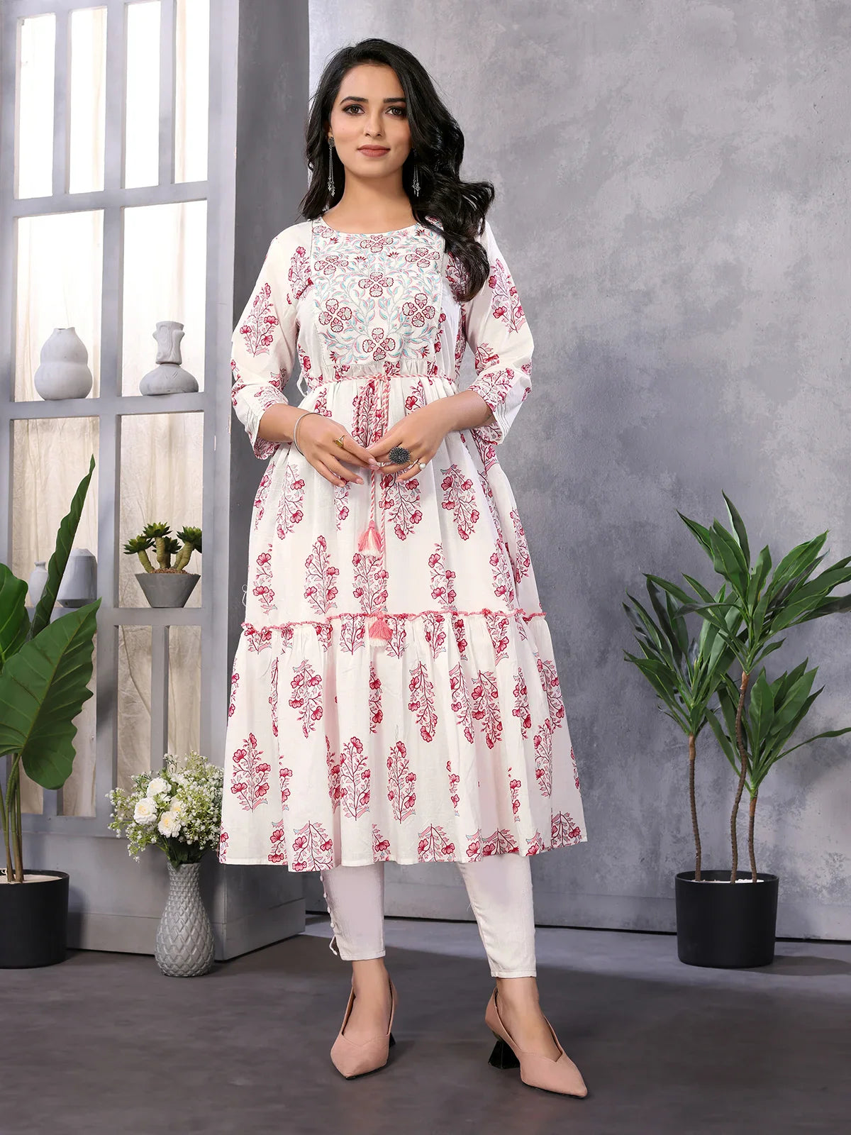 Buy Cotton Embroidered Calf Length Tiered Flared Kurta with Drawstring-Off White