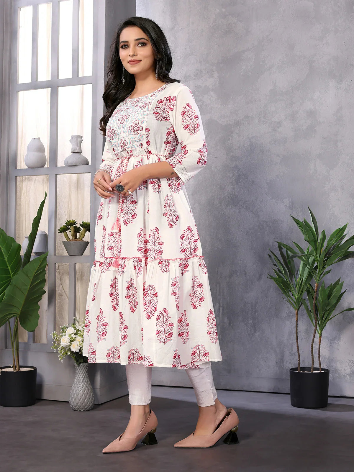 Buy Cotton Embroidered Calf Length Tiered Flared Kurta with Drawstring-Off White