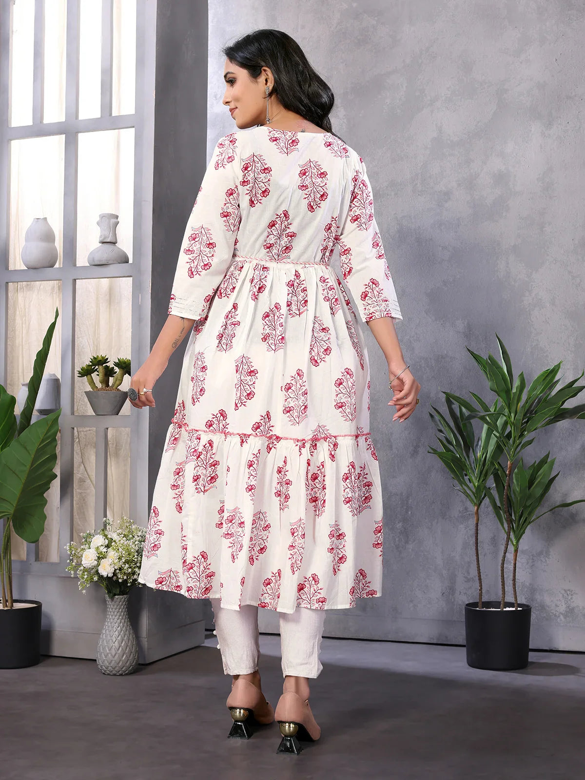 Buy Cotton Embroidered Calf Length Tiered Flared Kurta with Drawstring-Off White