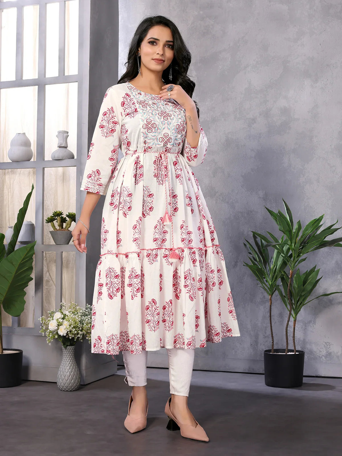 Buy Cotton Embroidered Calf Length Tiered Flared Kurta with Drawstring-Off White