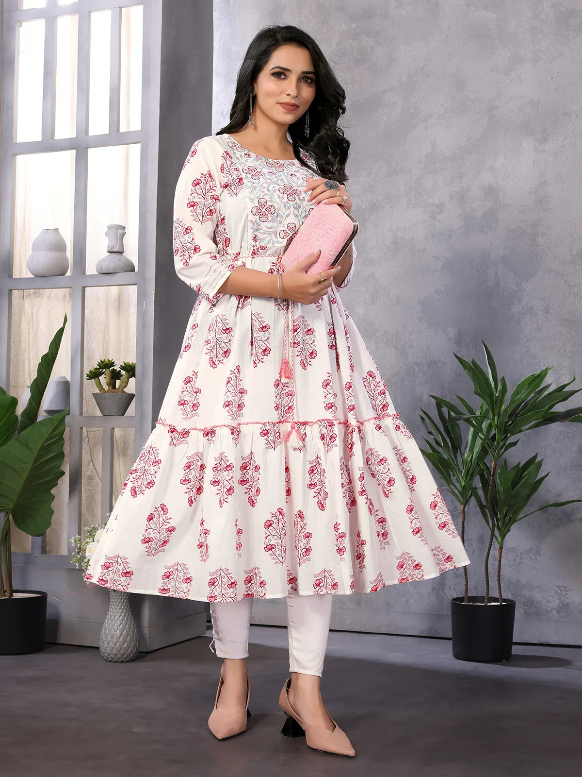 Buy Cotton Embroidered Calf Length Tiered Flared Kurta with Drawstring-Off White