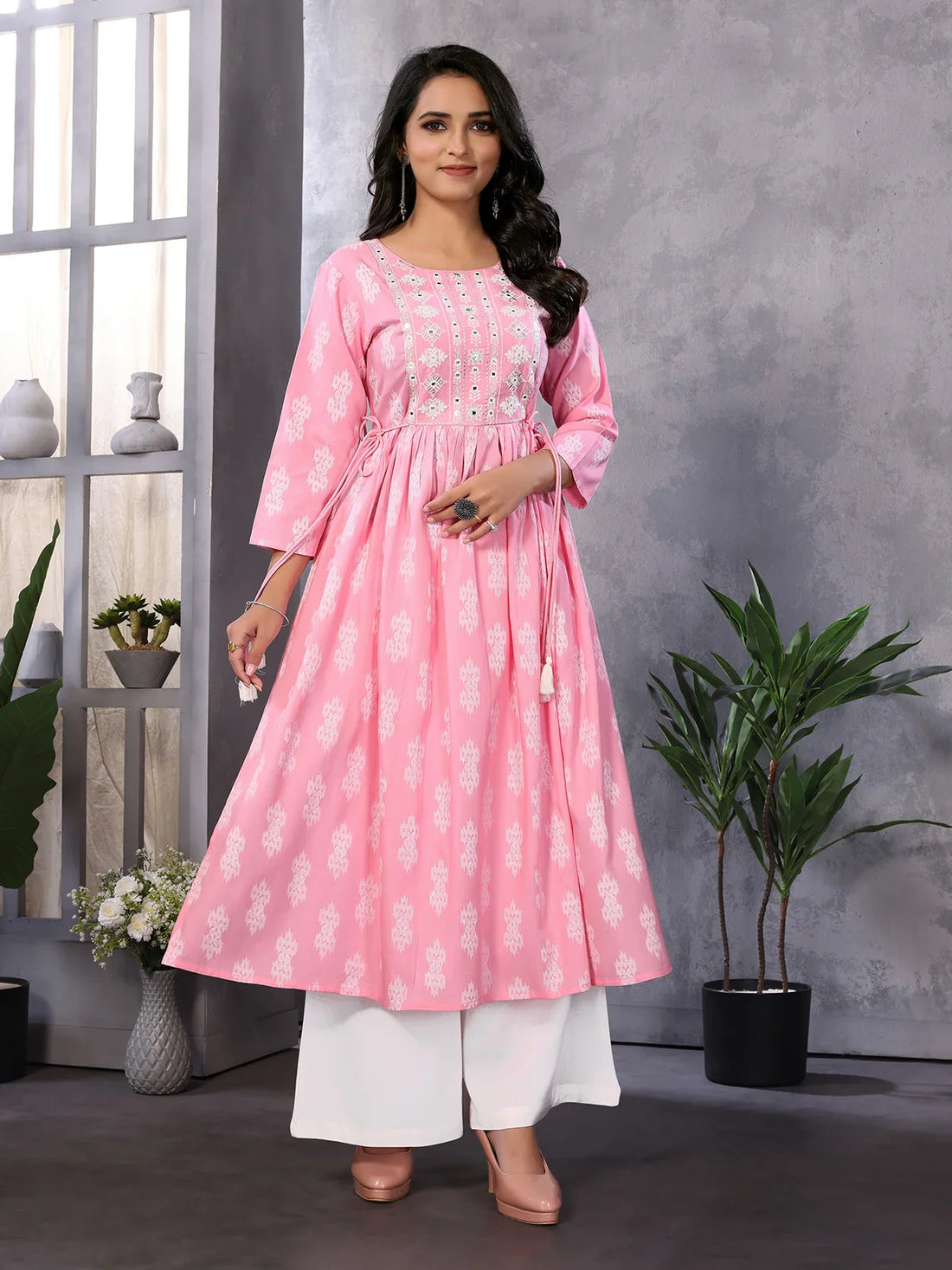 Buy Rayon Embroidered Calf Length A-Line Kurta with Drawstring-Pink