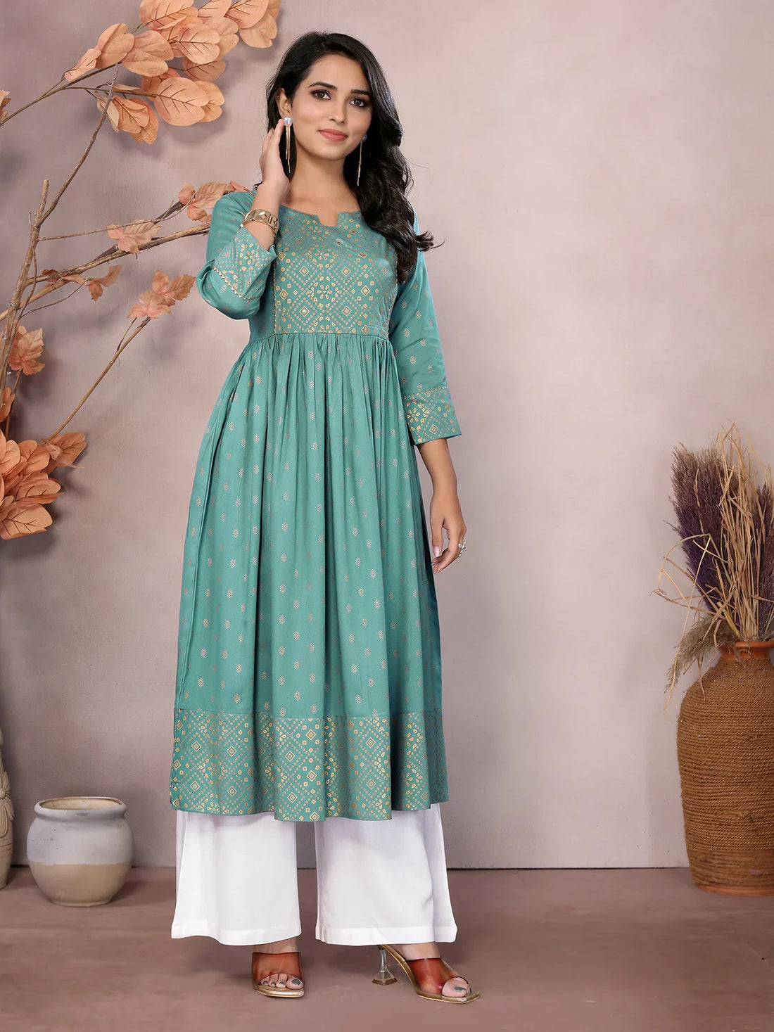 Buy Rayon Printed Calf Length Anarkali Kurta-Sea Green