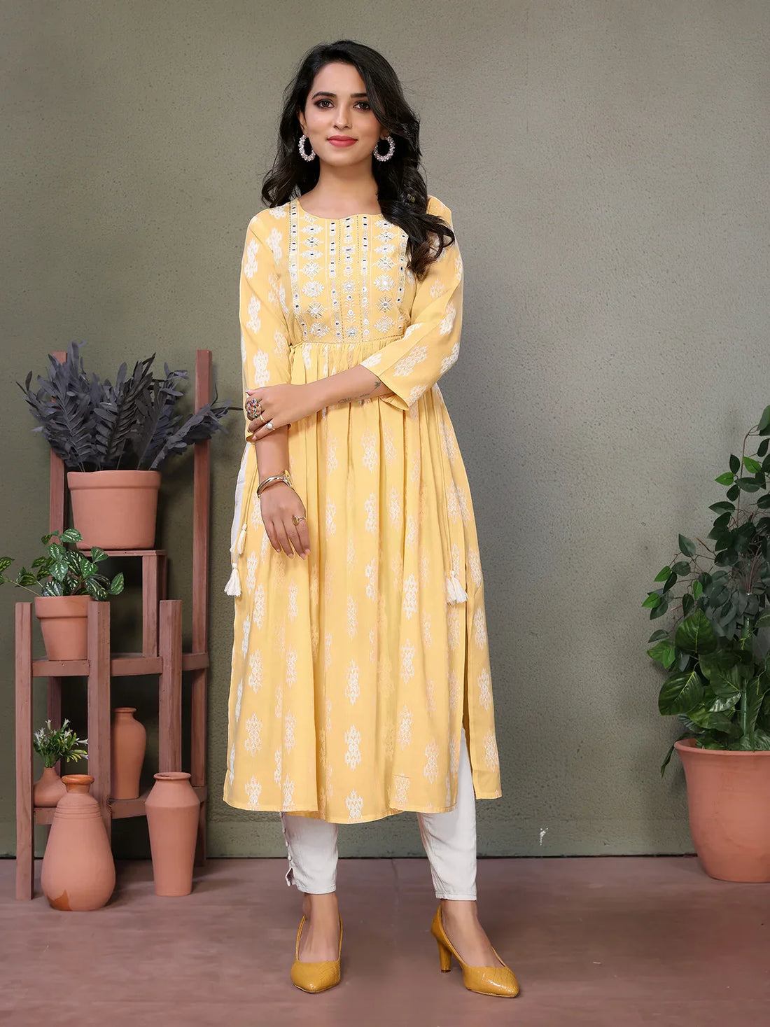 Buy Rayon Embroidered Calf Length A-Line Kurta with Drawstring-Yellow