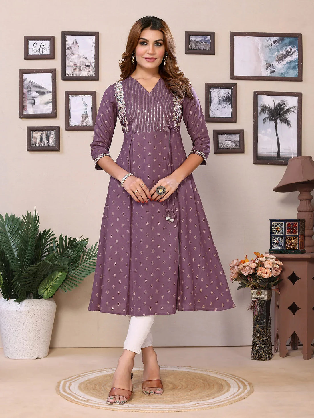 Buy Rayon Embroidered Calf Length Flared Kurta-Wine