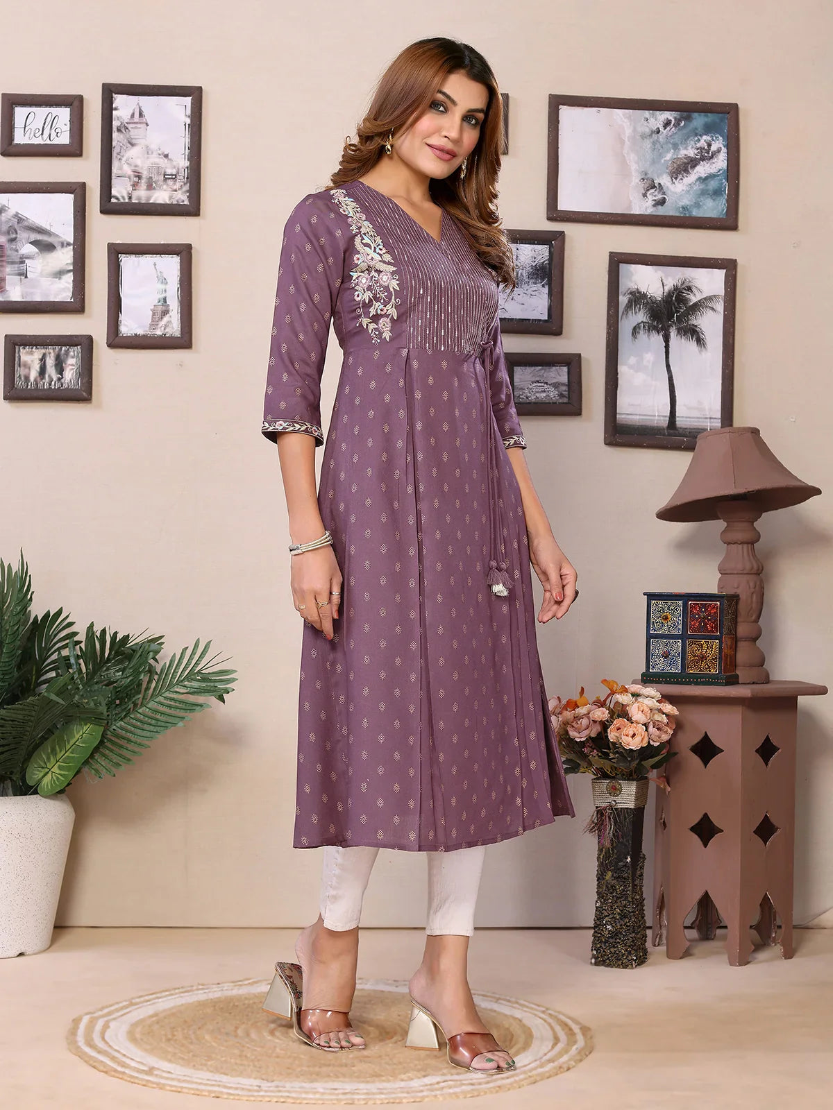 Buy Rayon Embroidered Calf Length Flared Kurta-Wine