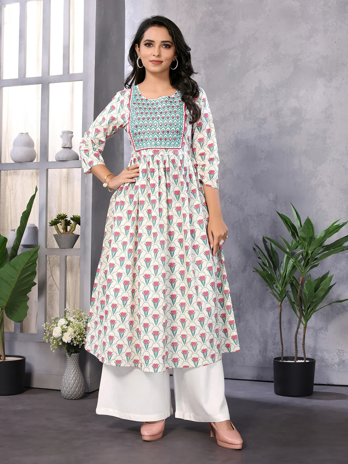 Buy Cotton Embroidered Calf Length Anarkali Kurta-Off White