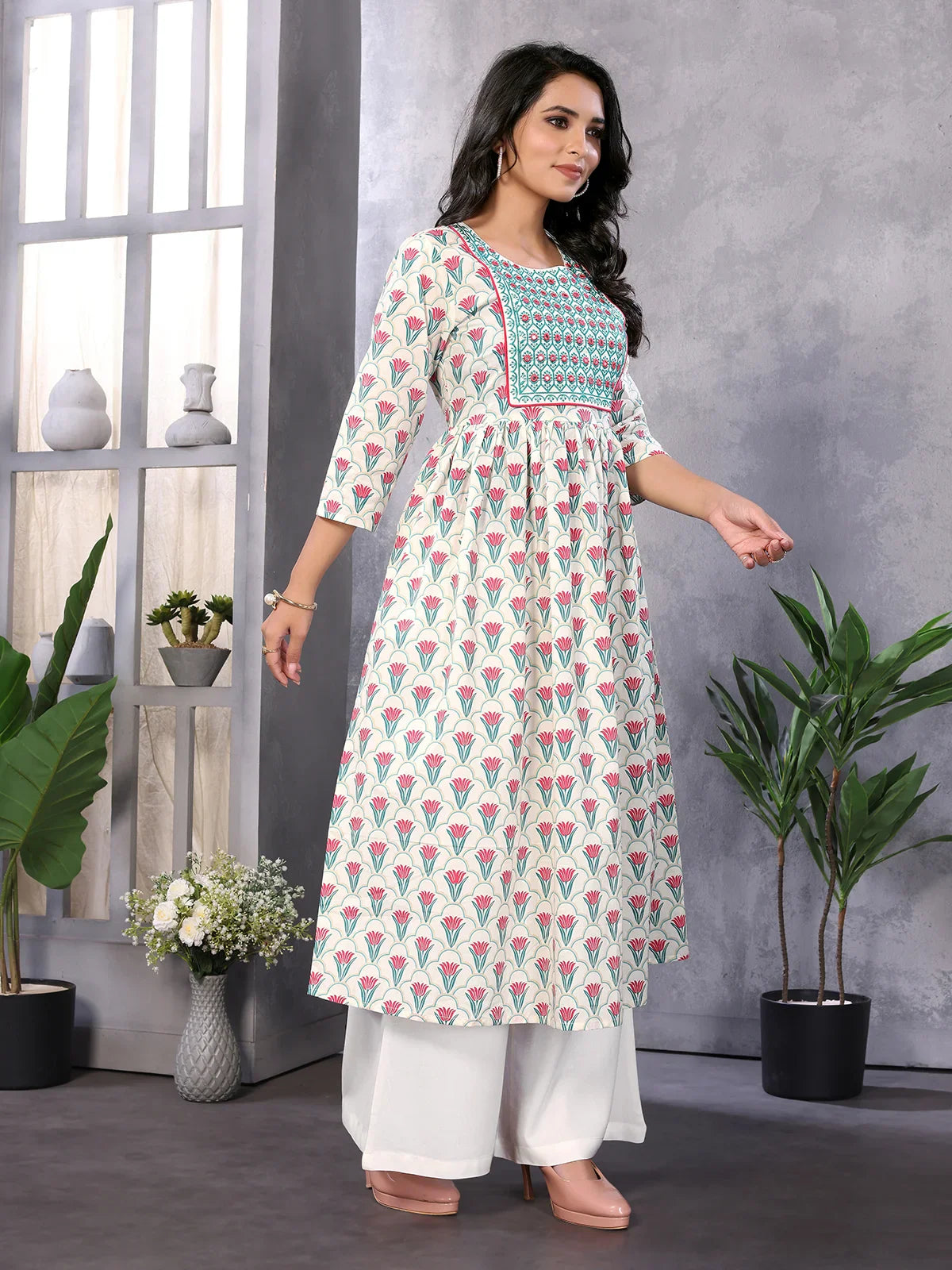 Buy Cotton Embroidered Calf Length Anarkali Kurta-Off White