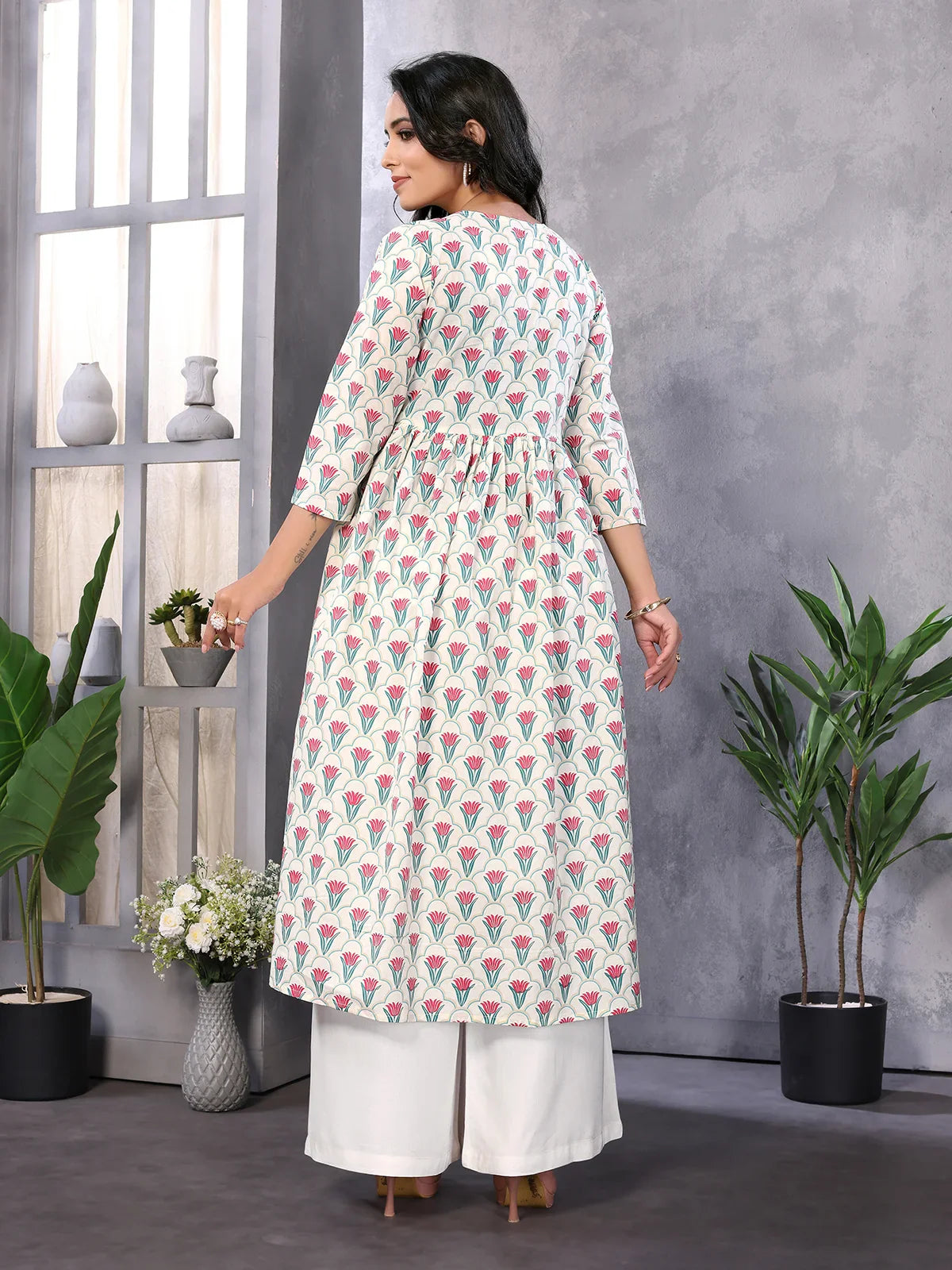 Buy Cotton Embroidered Calf Length Anarkali Kurta-Off White