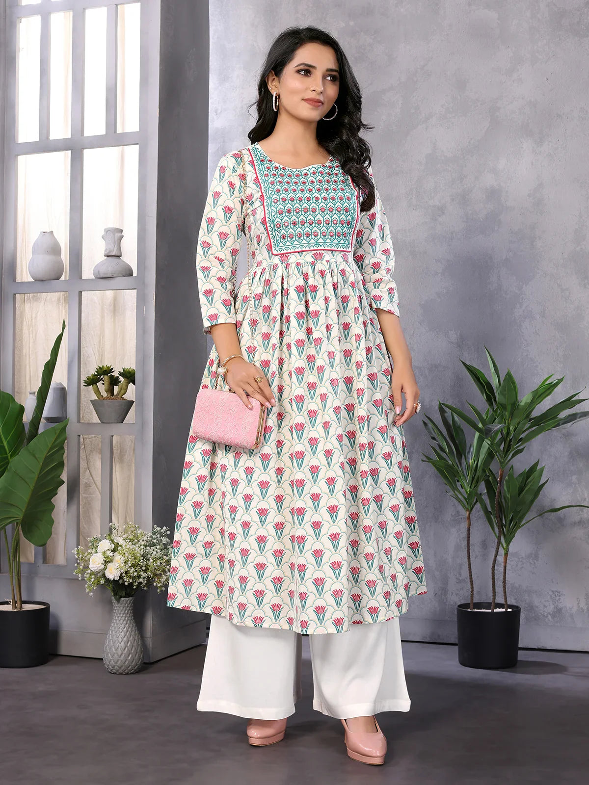 Buy Cotton Embroidered Calf Length Anarkali Kurta-Off White