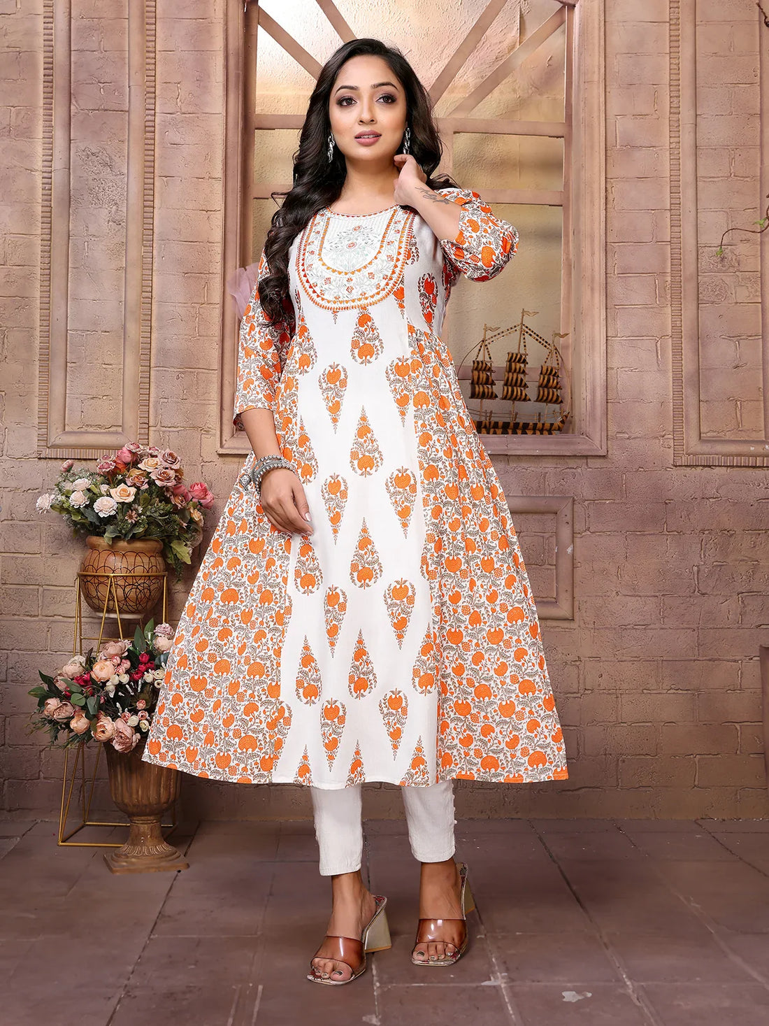 Buy Rayon Embroidered Calf Length Flared Kurta-White