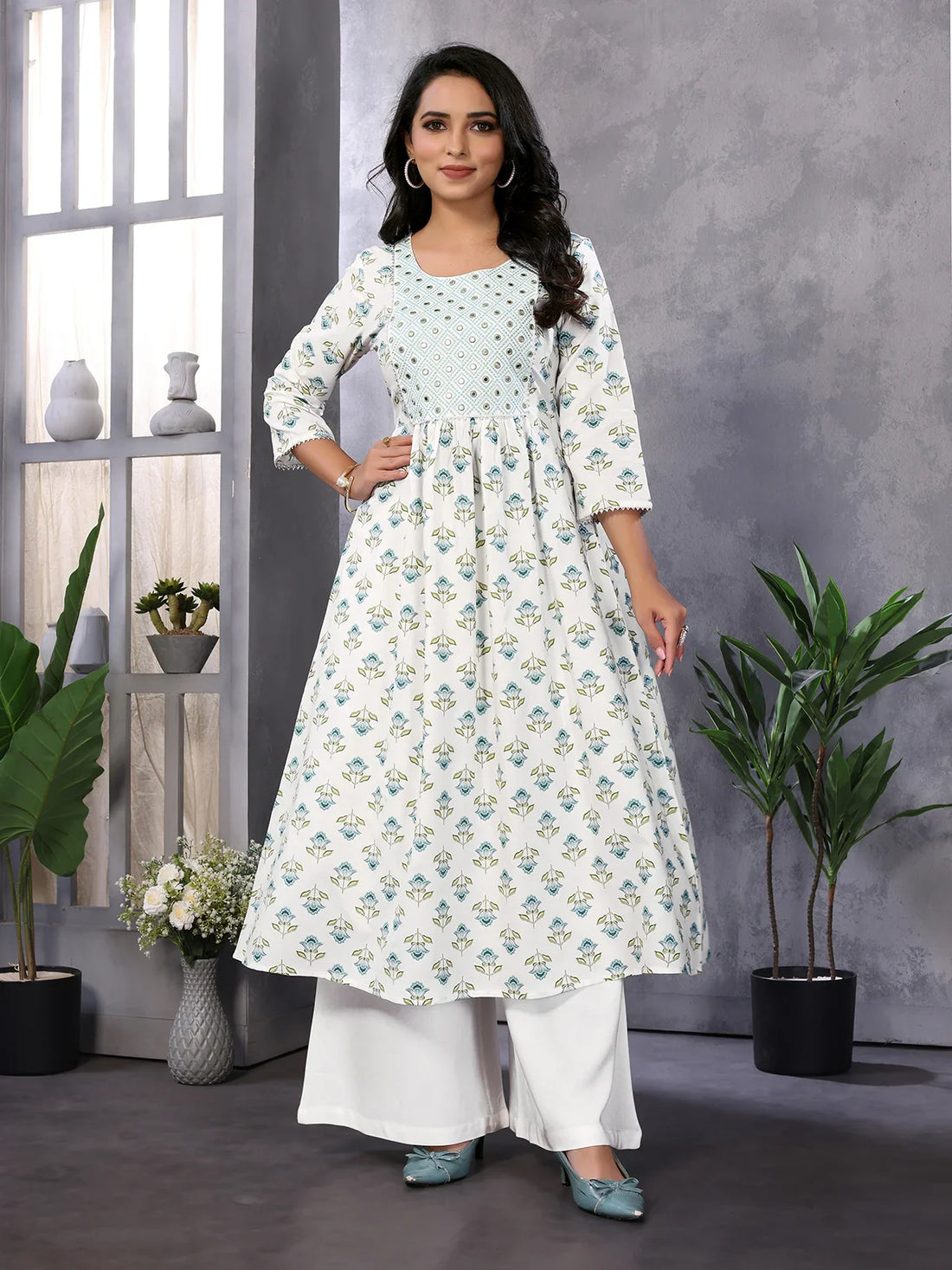 Buy Rayon Embroidered Calf Length Anarkali Kurta-White