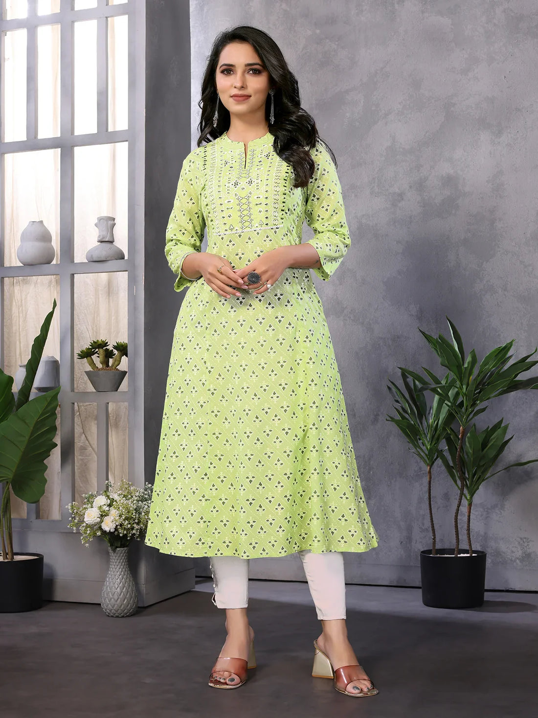 Buy Rayon Embroidered Calf Length Flared Kurta-Green