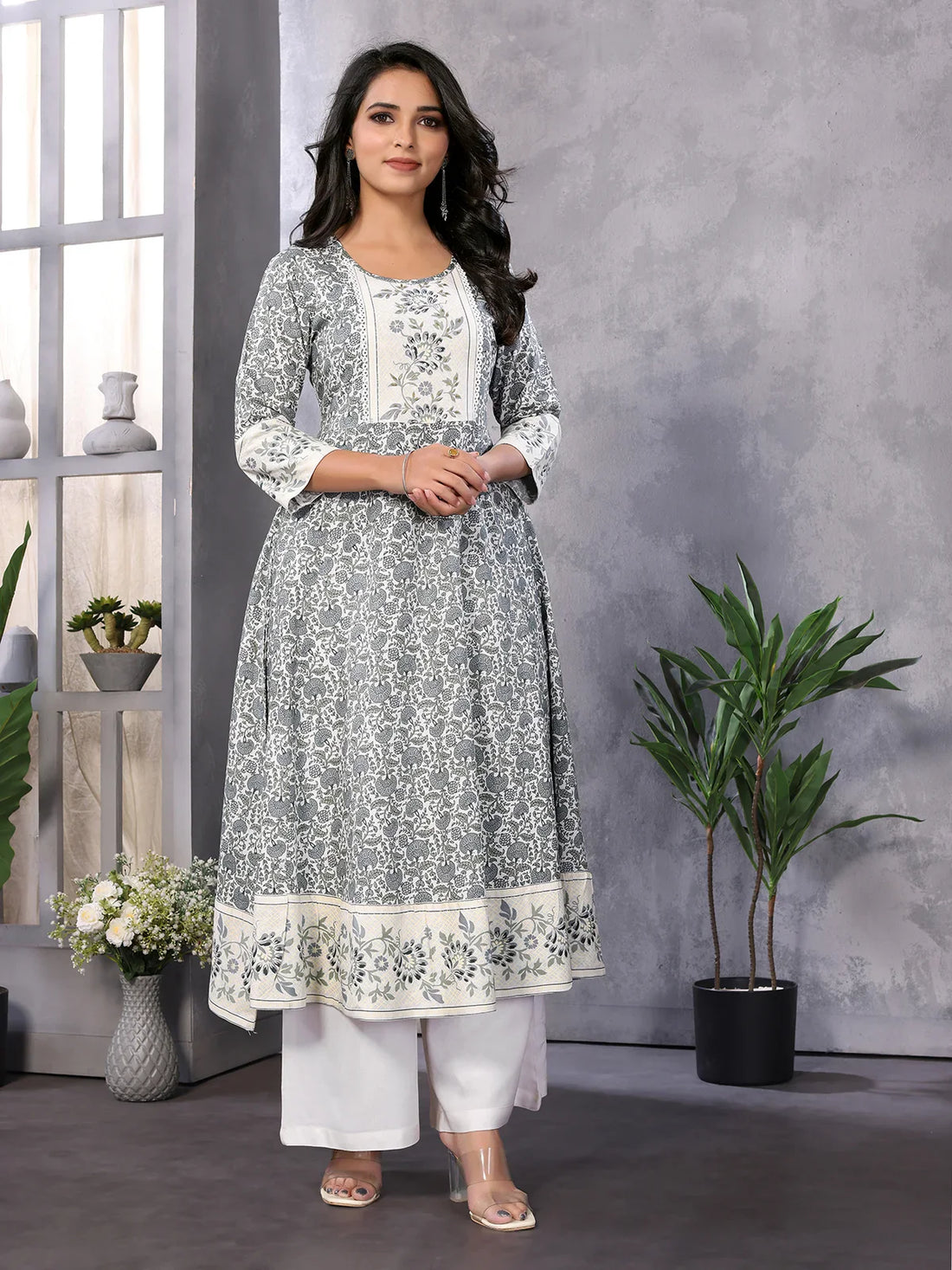 Buy Rayon Embellished Calf Length Flared Kurta-White