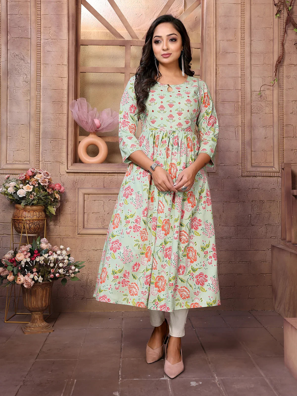 Buy Rayon Printed Calf Length Anarkali Kurta-Mint Green