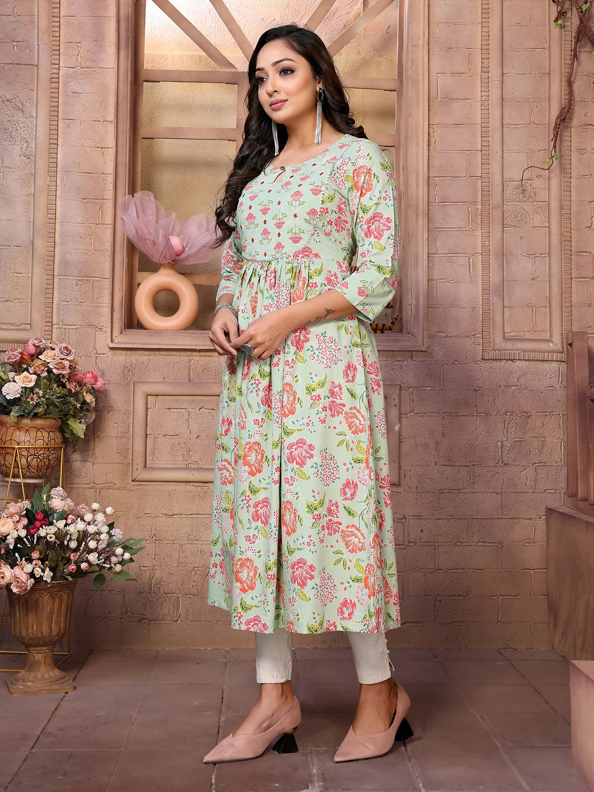 Buy Rayon Printed Calf Length Anarkali Kurta-Mint Green