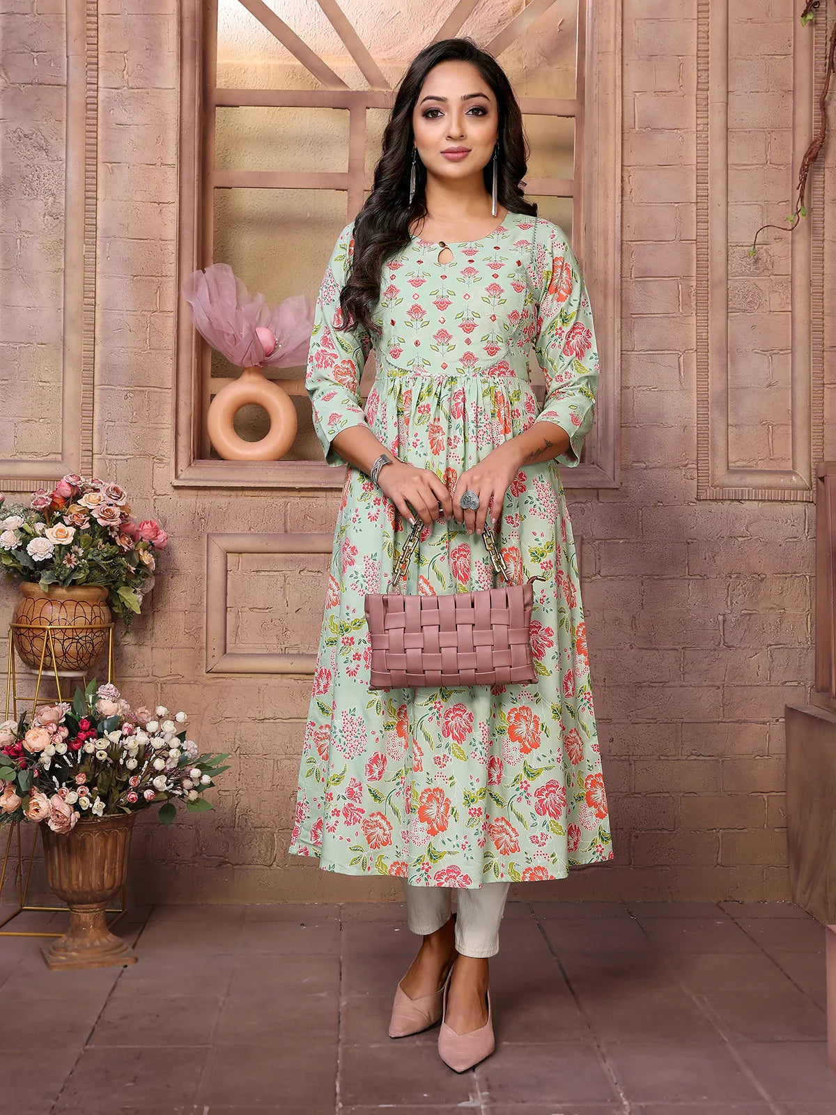 Buy Rayon Printed Calf Length Anarkali Kurta-Mint Green