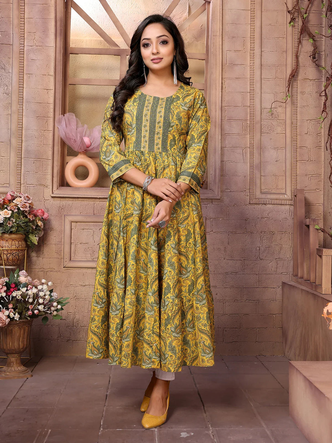 Buy Cotton Embroidered Calf Length Tiered Flared Kurta-Yellow