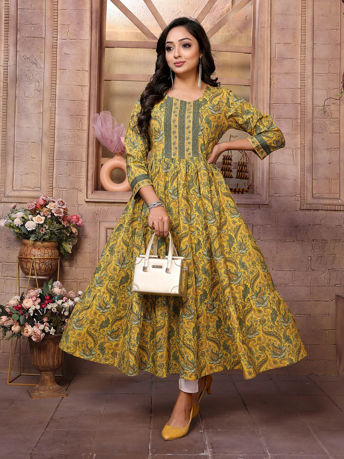 Buy Cotton Embroidered Calf Length Tiered Flared Kurta-Yellow