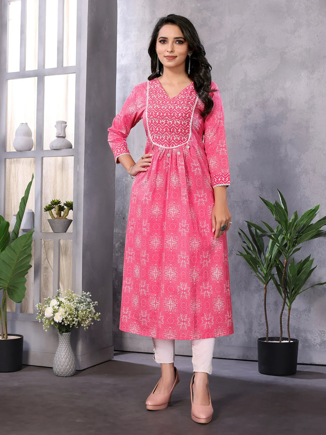 Buy Cotton Embroidered Calf Length A-Line Kurta-Pink