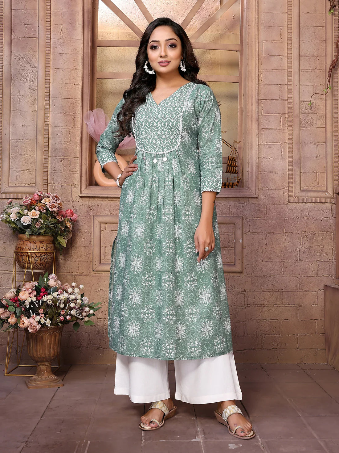 Buy Cotton Embroidered Calf Length A-Line Kurta-Green