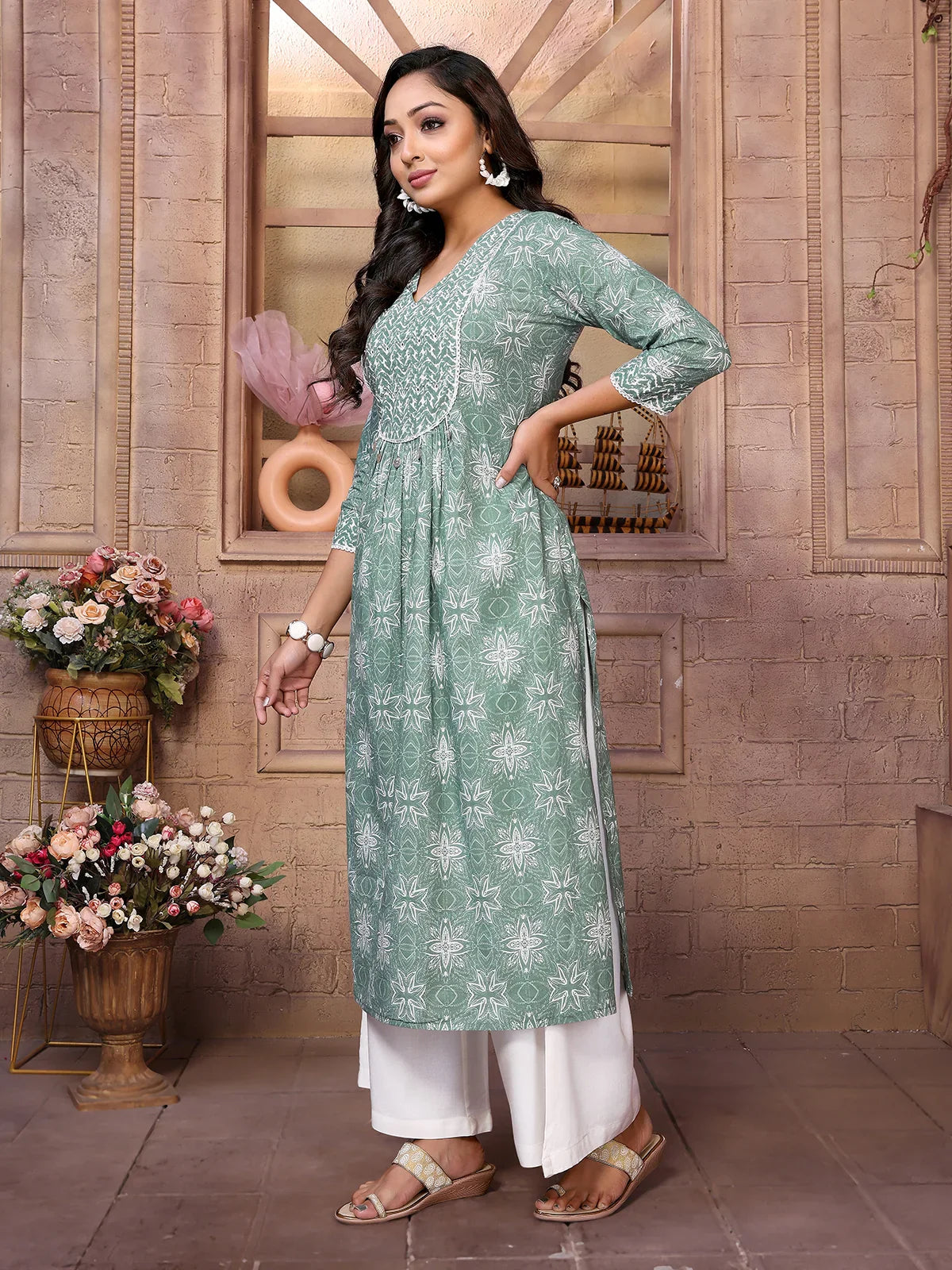 Buy Cotton Embroidered Calf Length A-Line Kurta-Green