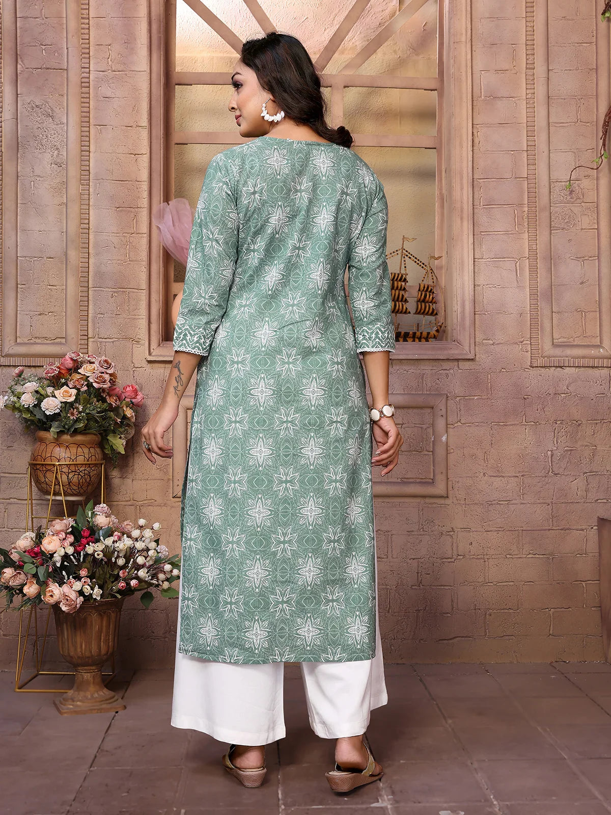 Buy Cotton Embroidered Calf Length A-Line Kurta-Green