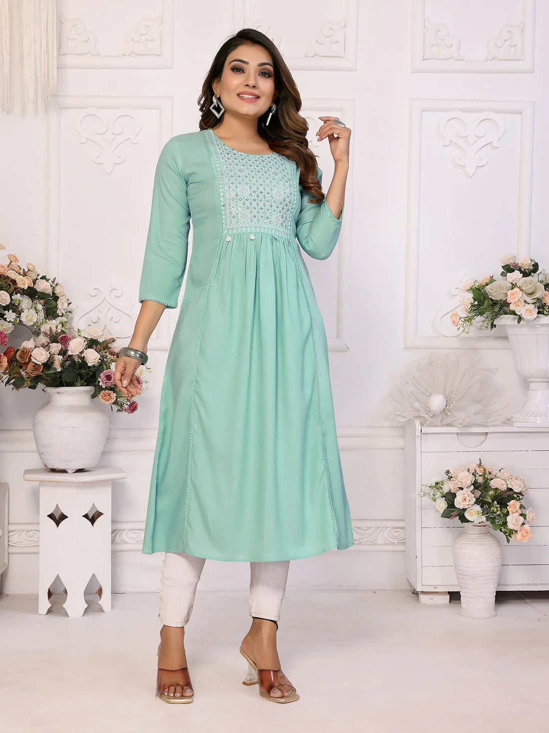 Buy Rayon Embroidered Calf Length A-Line Kurta-Mint Green