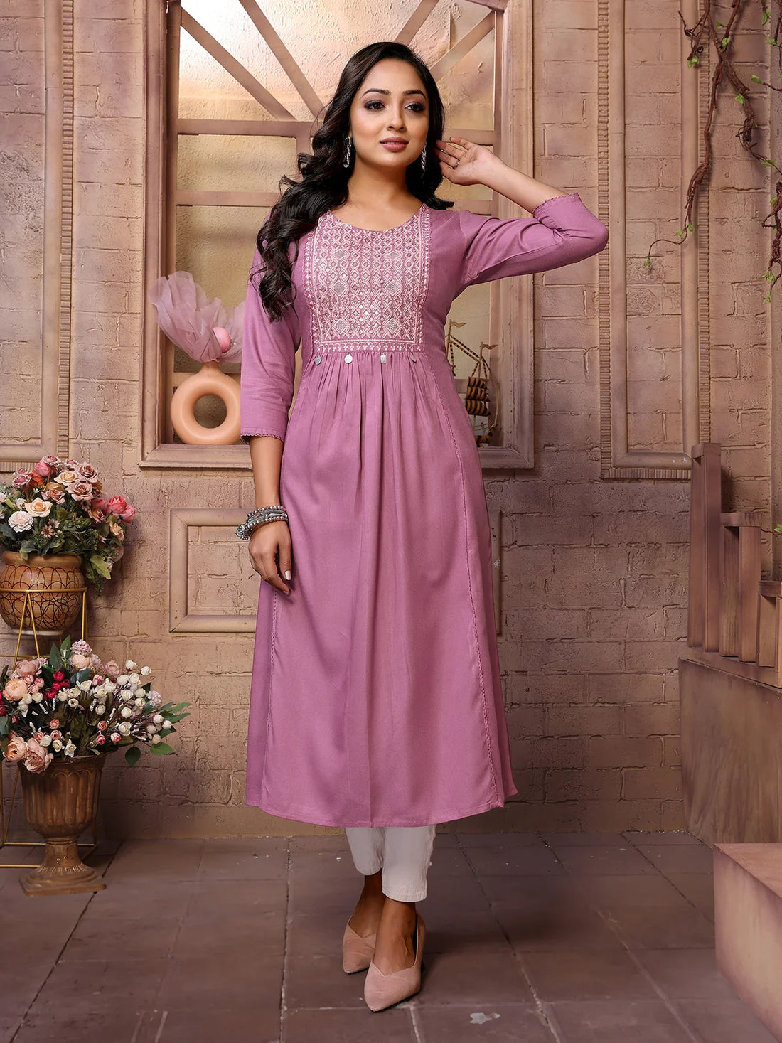 Buy Rayon Embroidered Calf Length A-Line Kurta-Wine