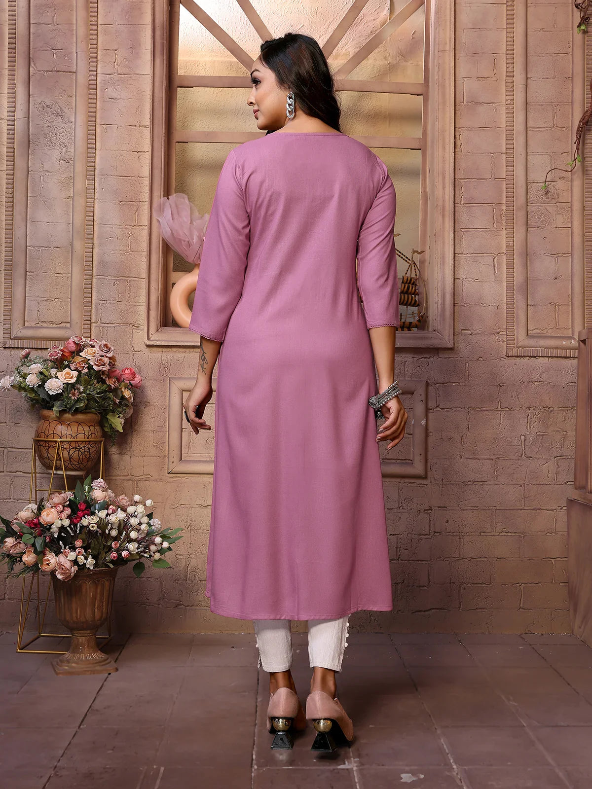 Buy Rayon Embroidered Calf Length A-Line Kurta-Wine