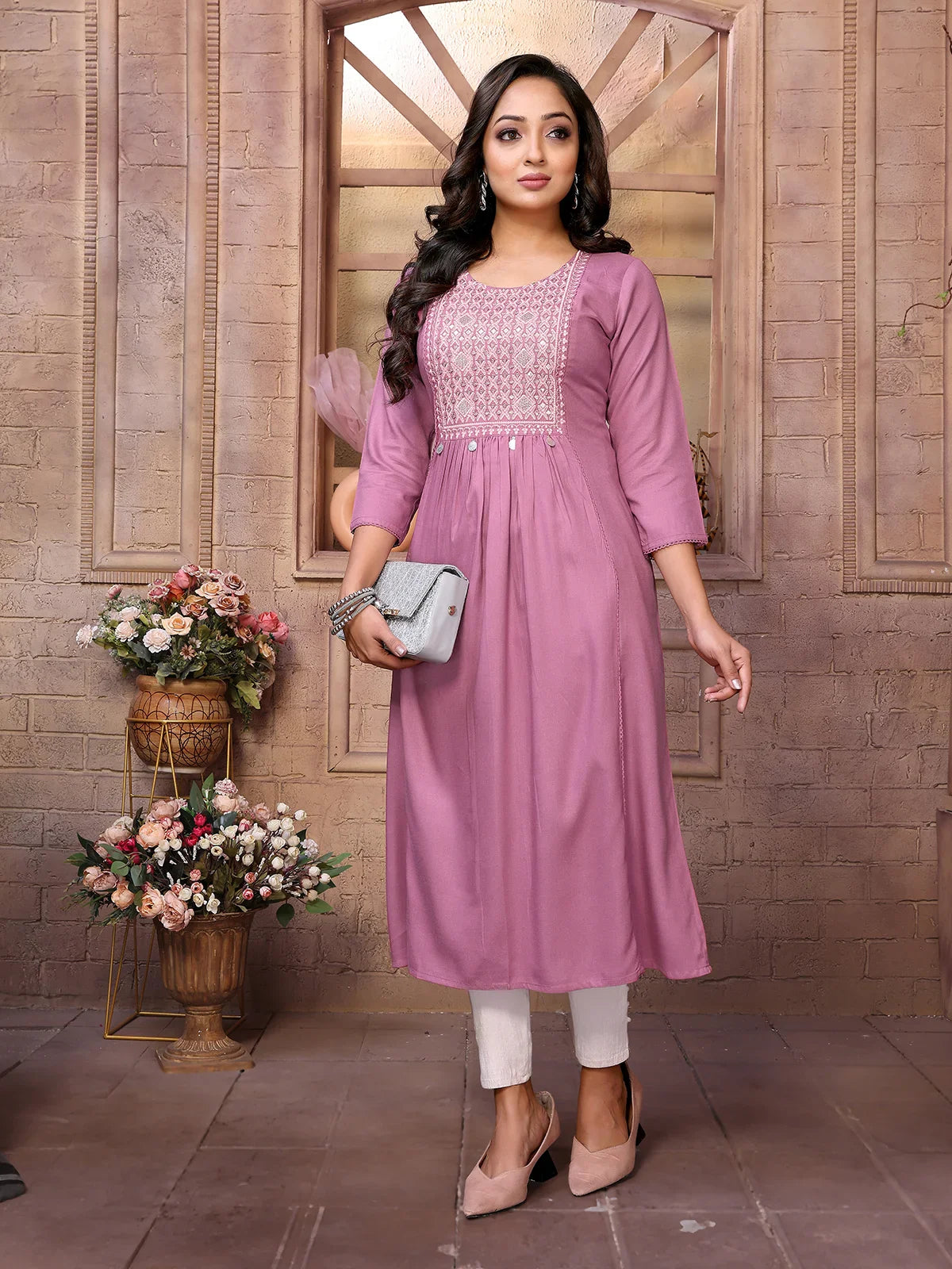 Buy Rayon Embroidered Calf Length A-Line Kurta-Wine