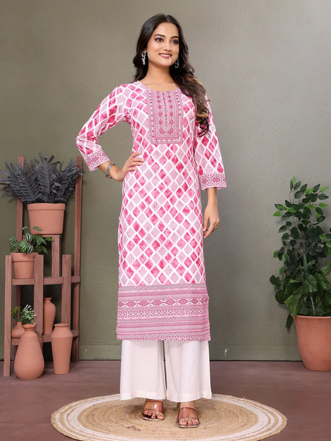 Buy Cotton Embroidered Calf Length Straight Kurta-Pink