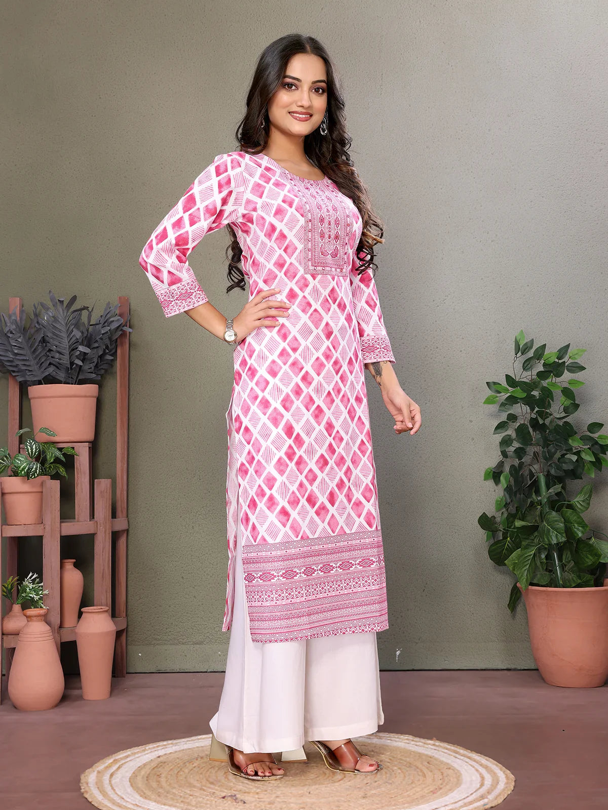 Buy Cotton Embroidered Calf Length Straight Kurta-Pink