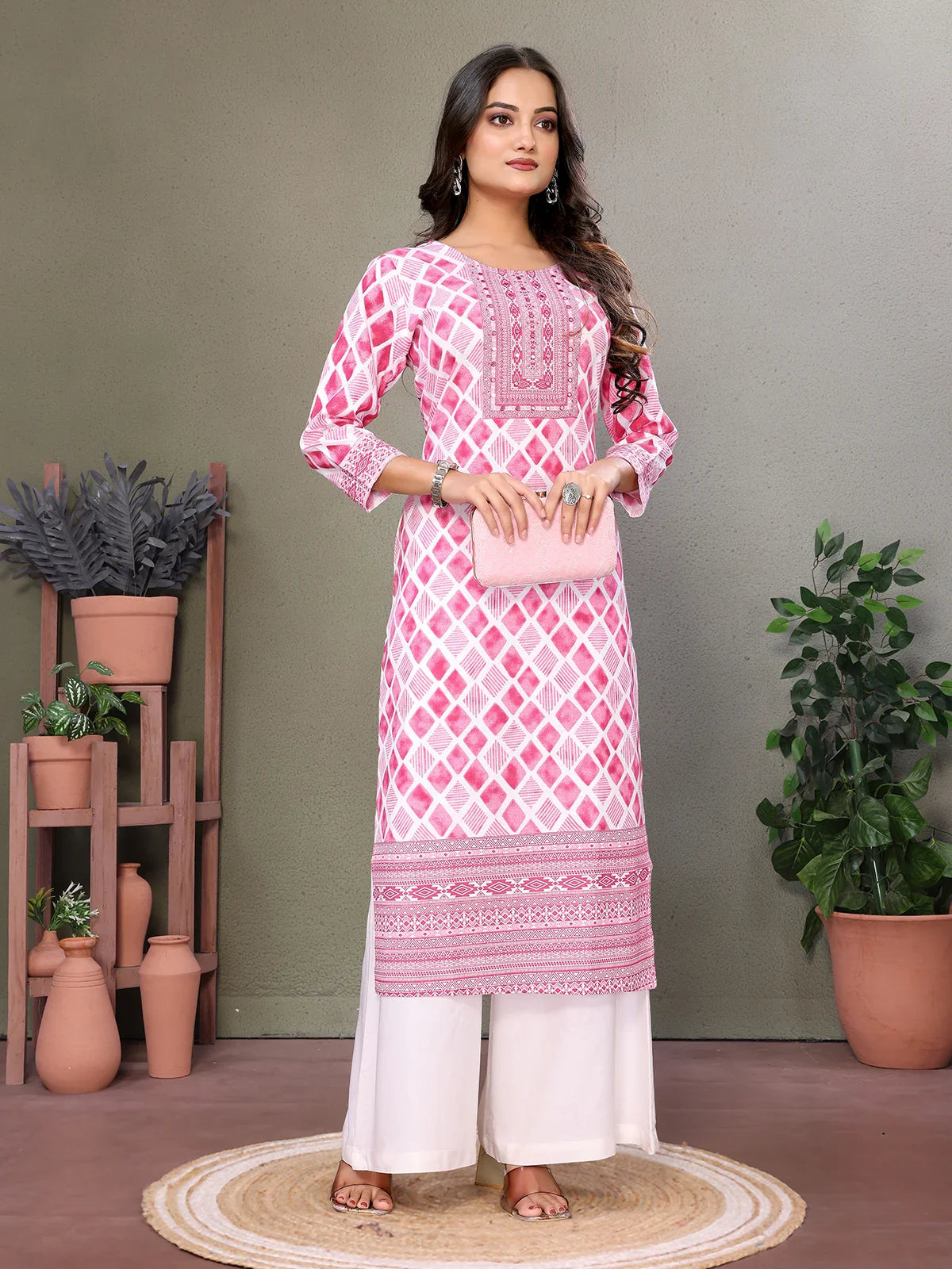 Buy Cotton Embroidered Calf Length Straight Kurta-Pink