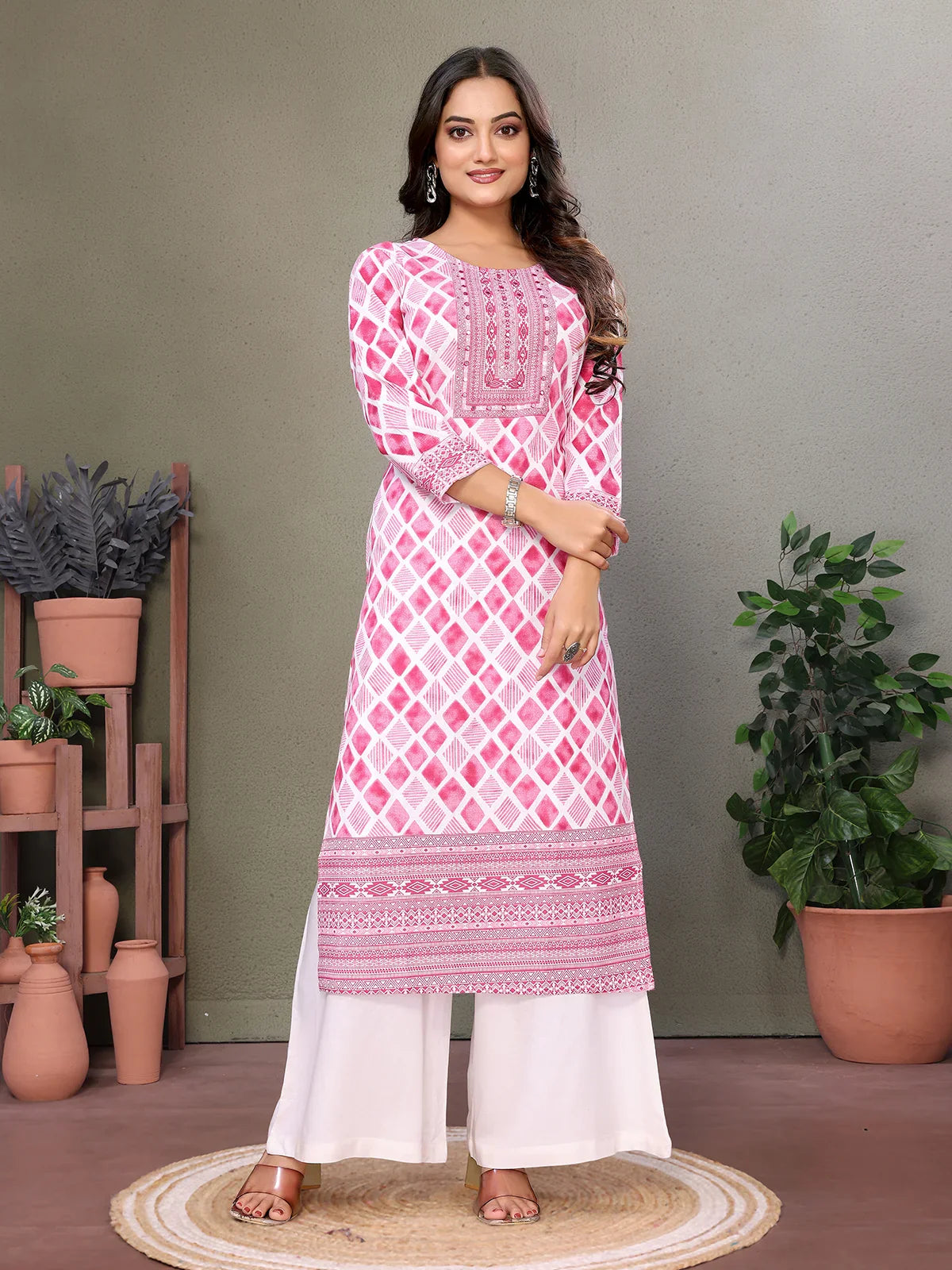 Buy Cotton Embroidered Calf Length Straight Kurta-Pink