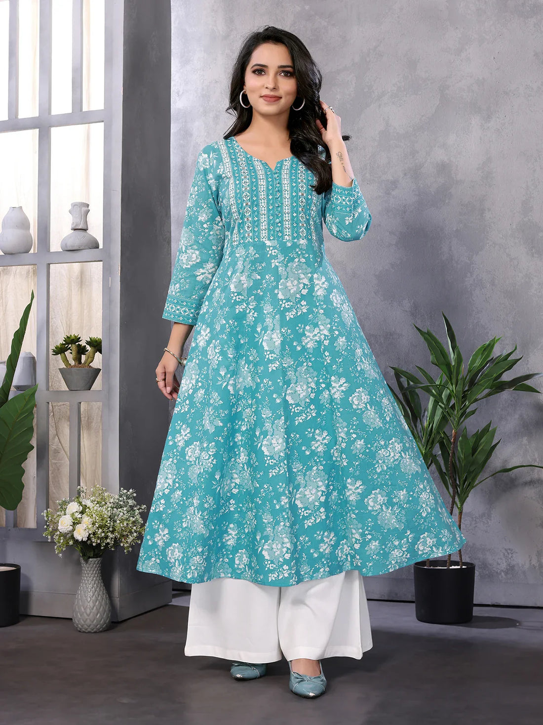 Buy Cotton Embroidered Calf Length Anarkali Kurta-Turquoise