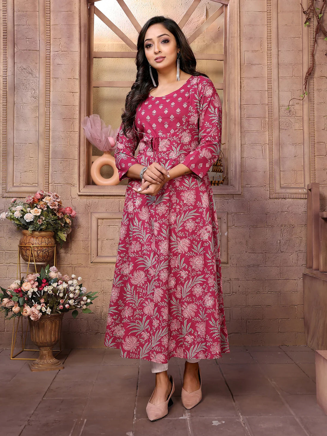 Buy Cotton Embroidered Calf Length Anarkali Kurta-Maroon