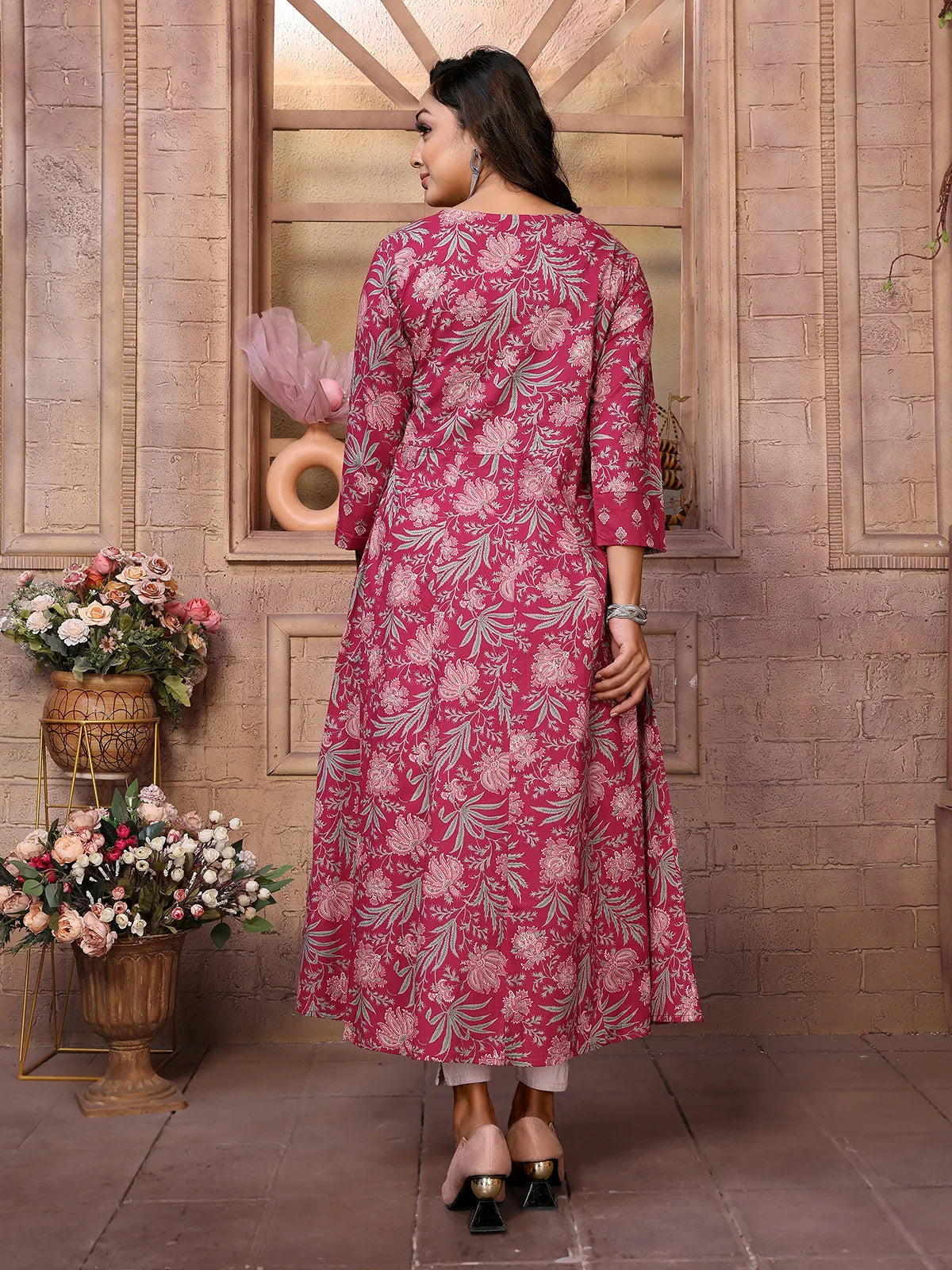 Buy Cotton Embroidered Calf Length Anarkali Kurta-Maroon